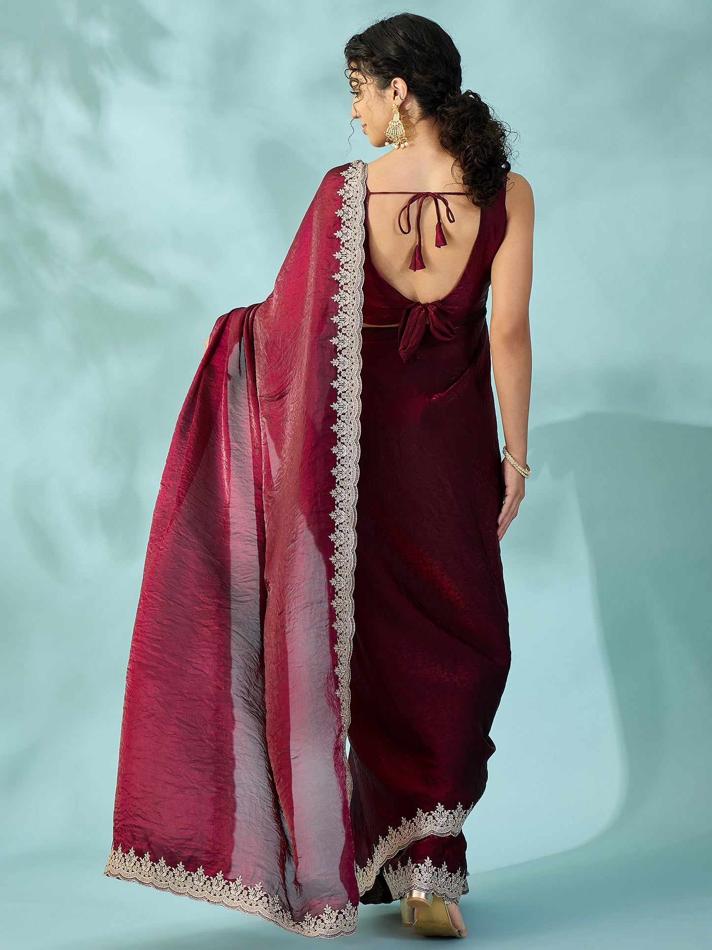 Women's Satin Wine Zari Embroidered Designer Saree With Blouse Piece