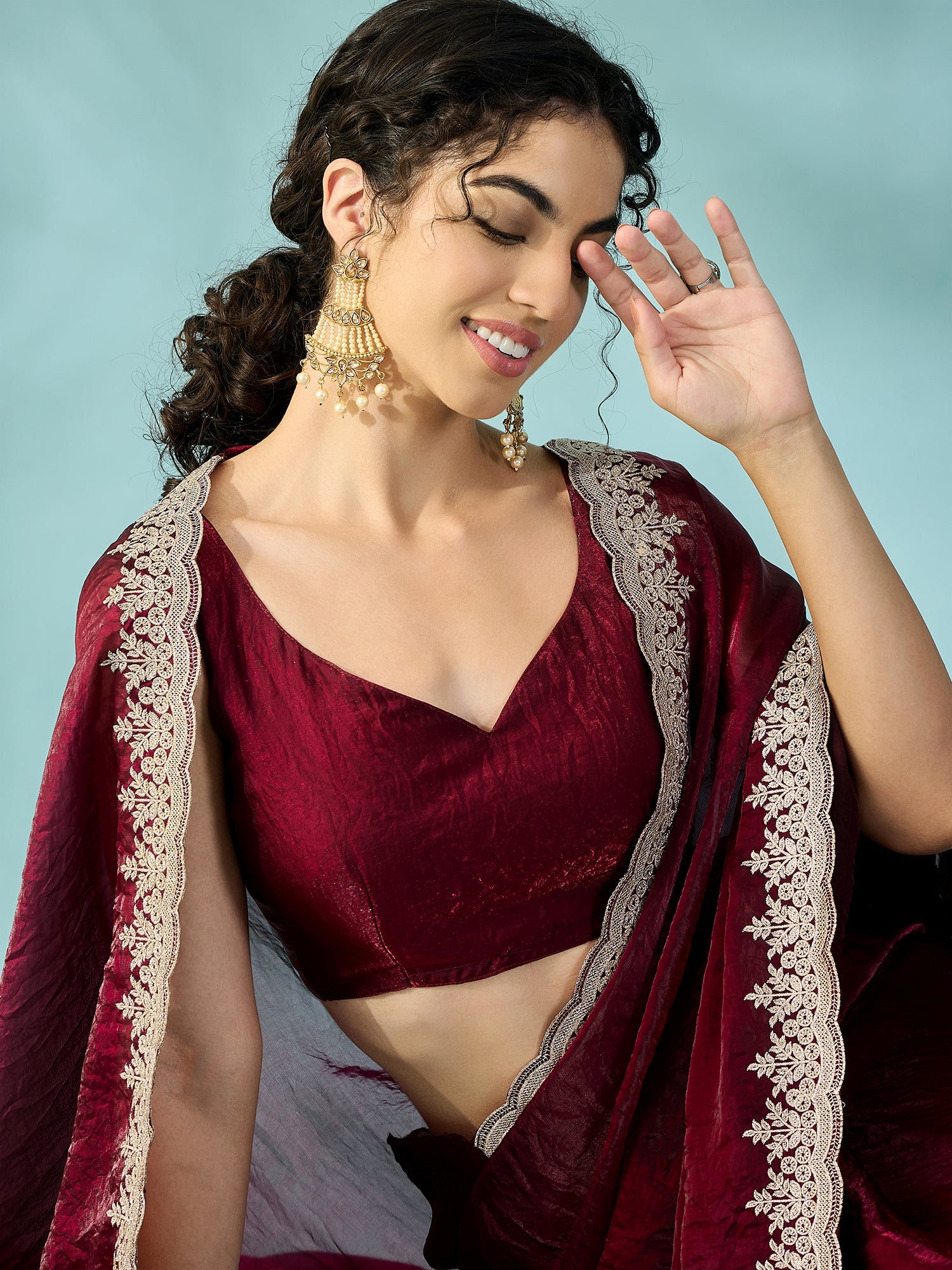 Women's Satin Wine Zari Embroidered Designer Saree With Blouse Piece