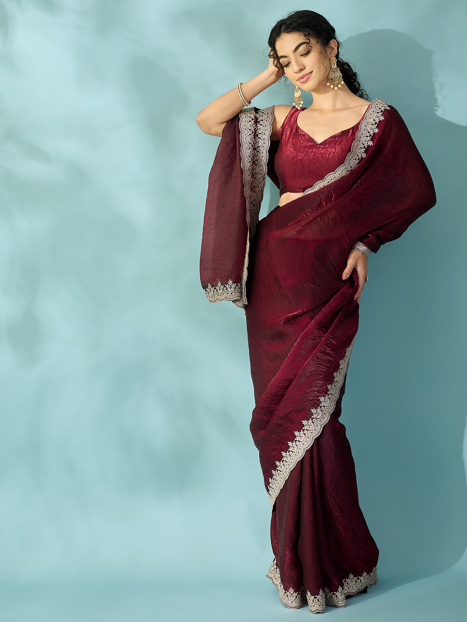 Women's Satin Wine Zari Embroidered Designer Saree With Blouse Piece