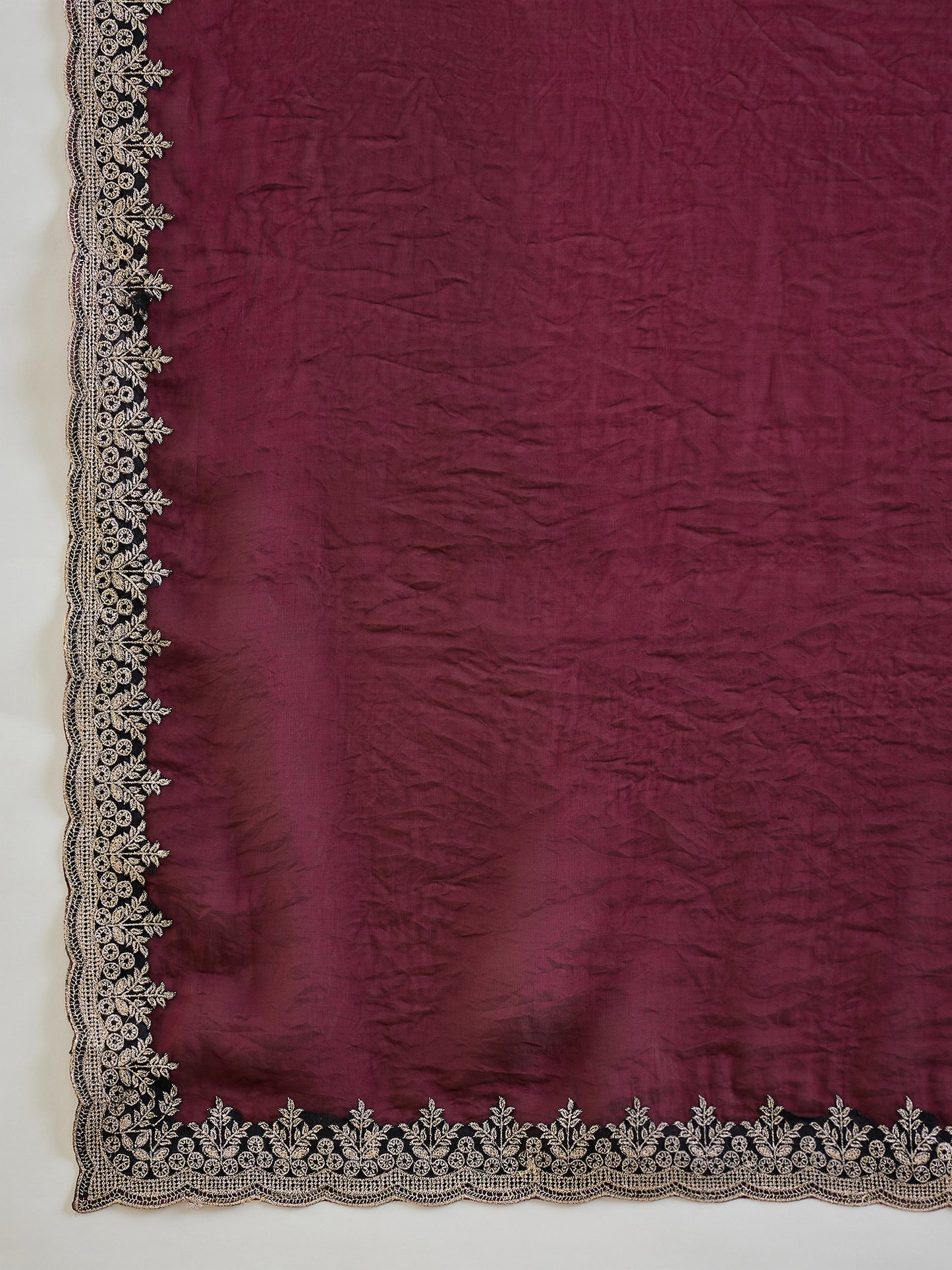 Women's Satin Wine Zari Embroidered Designer Saree With Blouse Piece