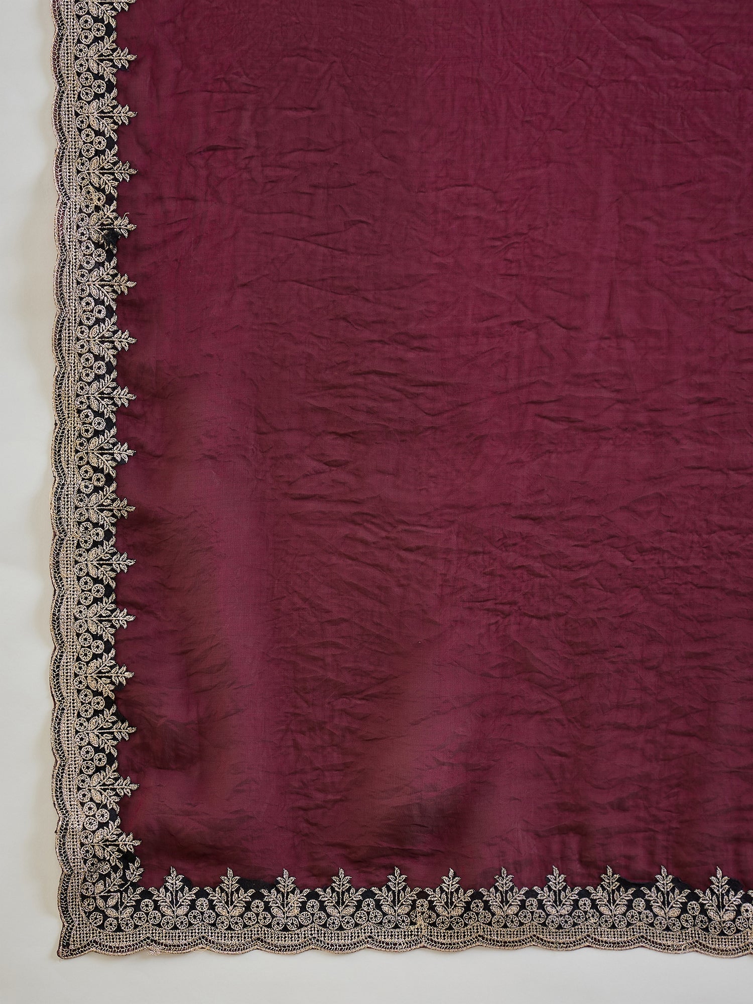 Women's Satin Wine Zari Embroidered Designer Saree With Blouse Piece