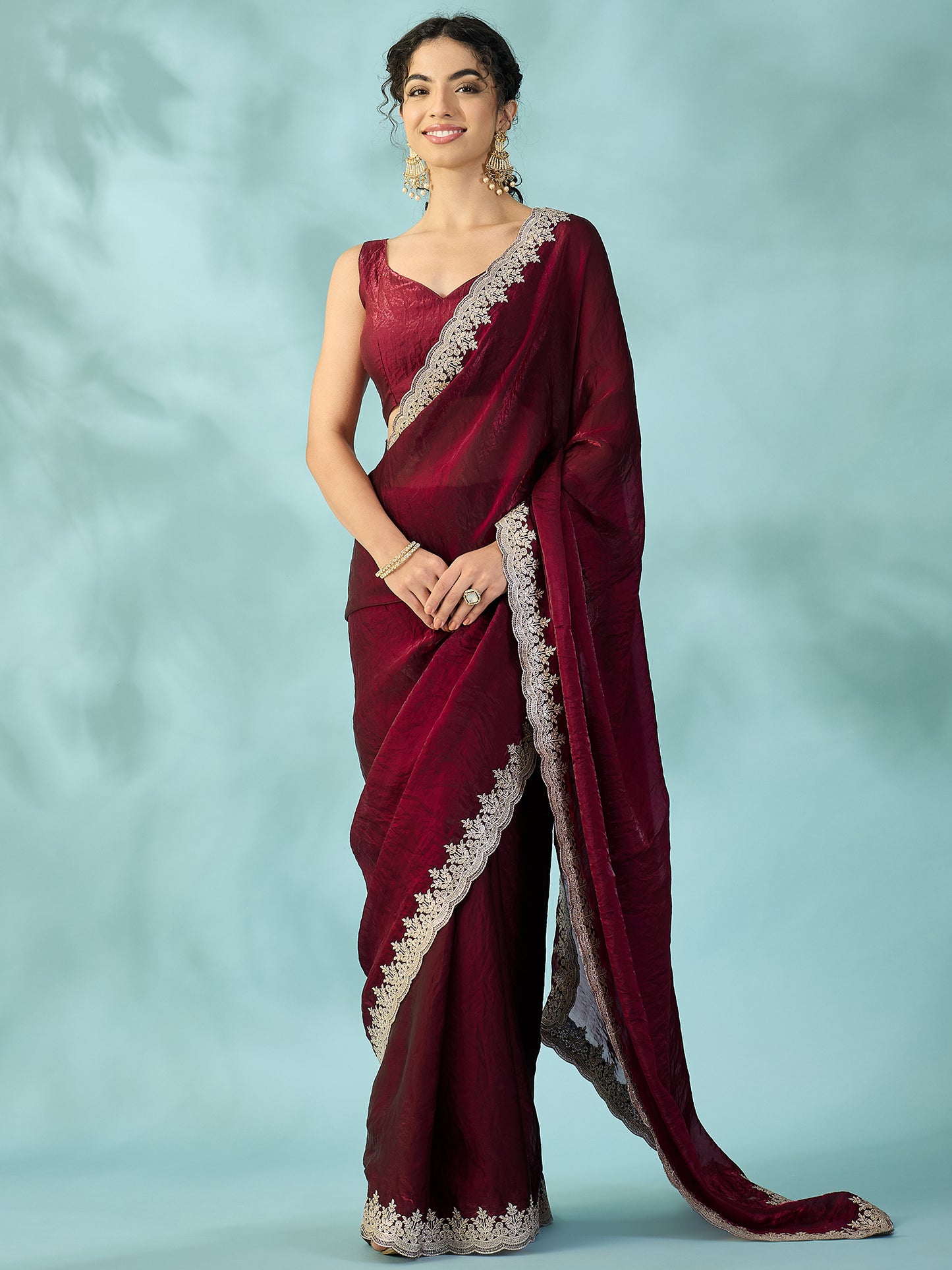 Women's Satin Wine Zari Embroidered Designer Saree With Blouse Piece