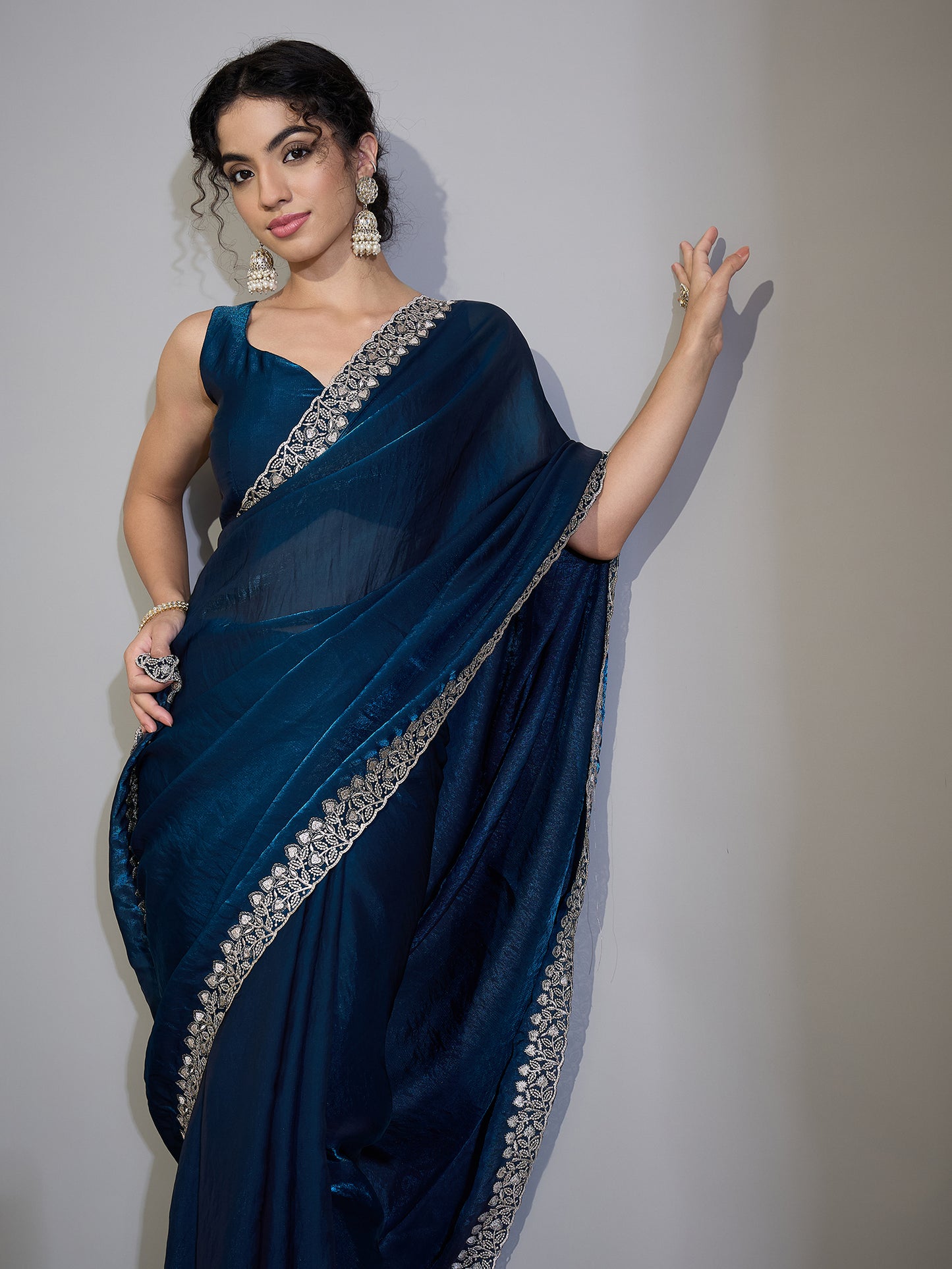 Women's Satin Teal blue Zari Embroidered Designer Saree With Blouse Piece