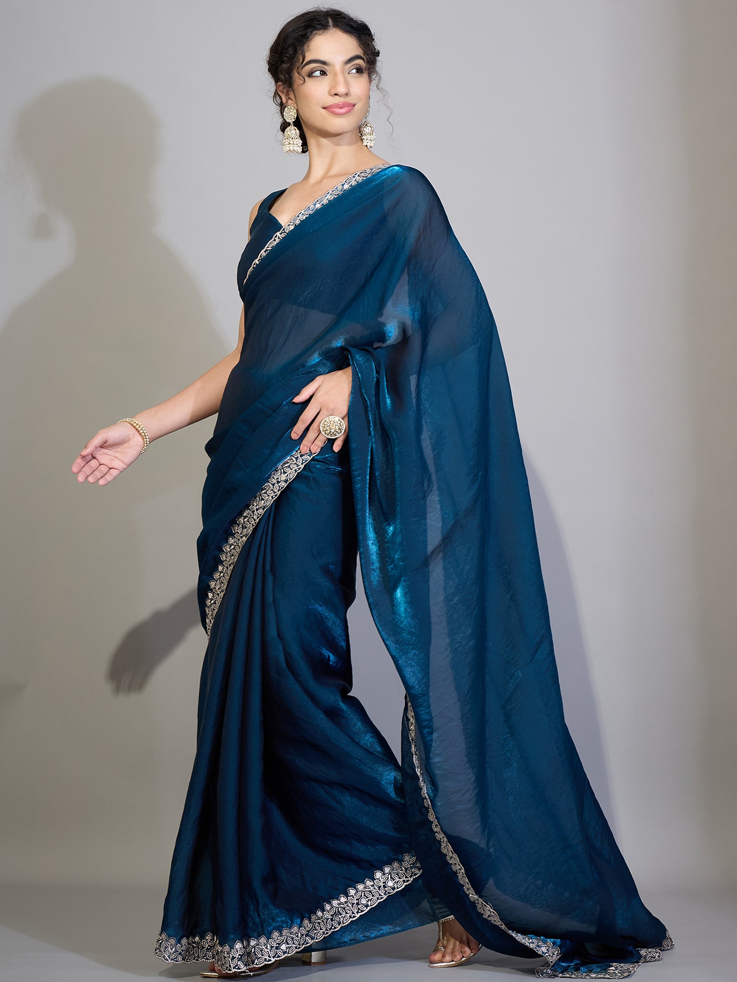 Women's Satin Teal blue Zari Embroidered Designer Saree With Blouse Piece