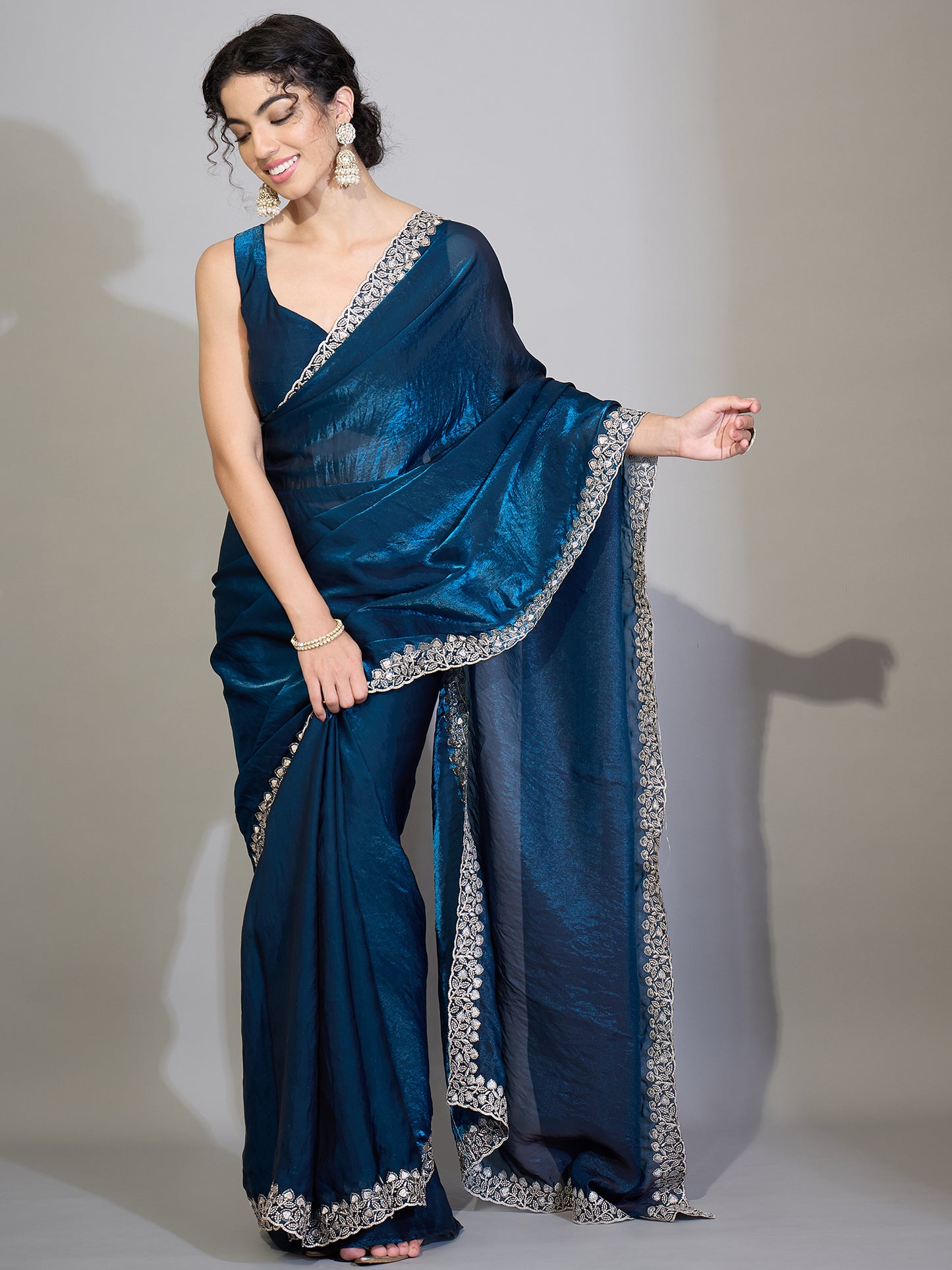 Women's Satin Teal blue Zari Embroidered Designer Saree With Blouse Piece