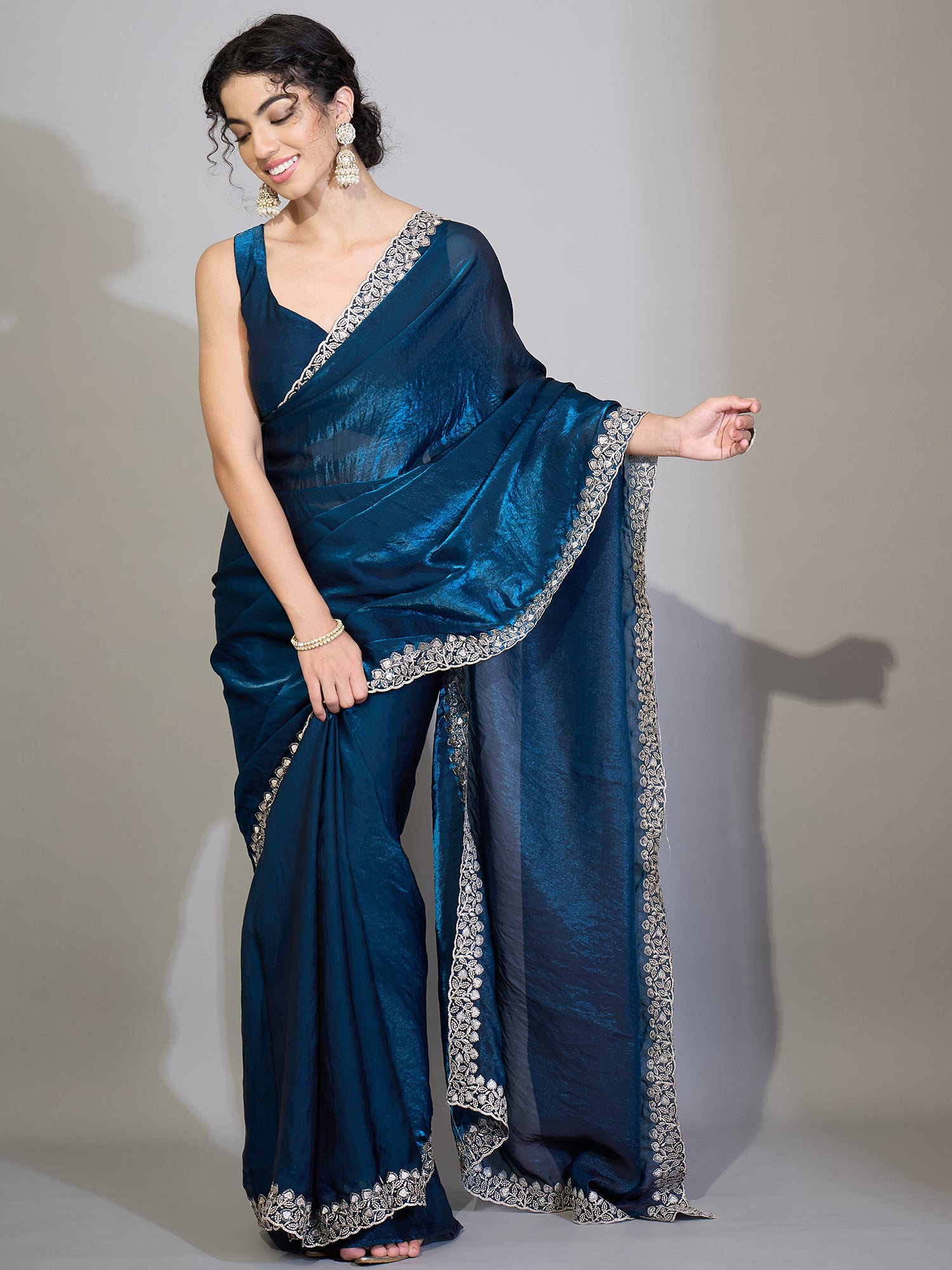 Women's Satin Teal blue Zari Embroidered Designer Saree With Blouse Piece