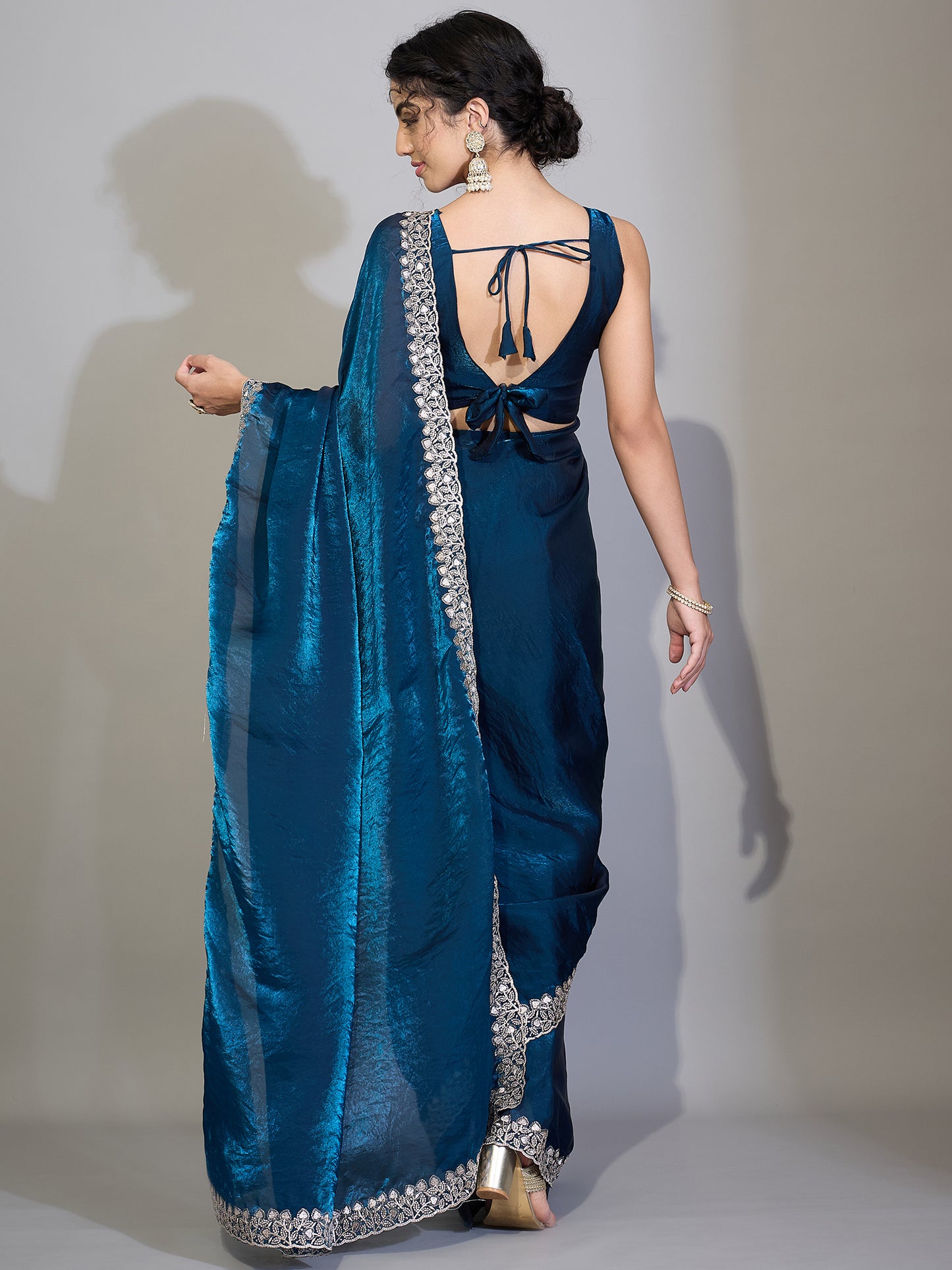 Women's Satin Teal blue Zari Embroidered Designer Saree With Blouse Piece