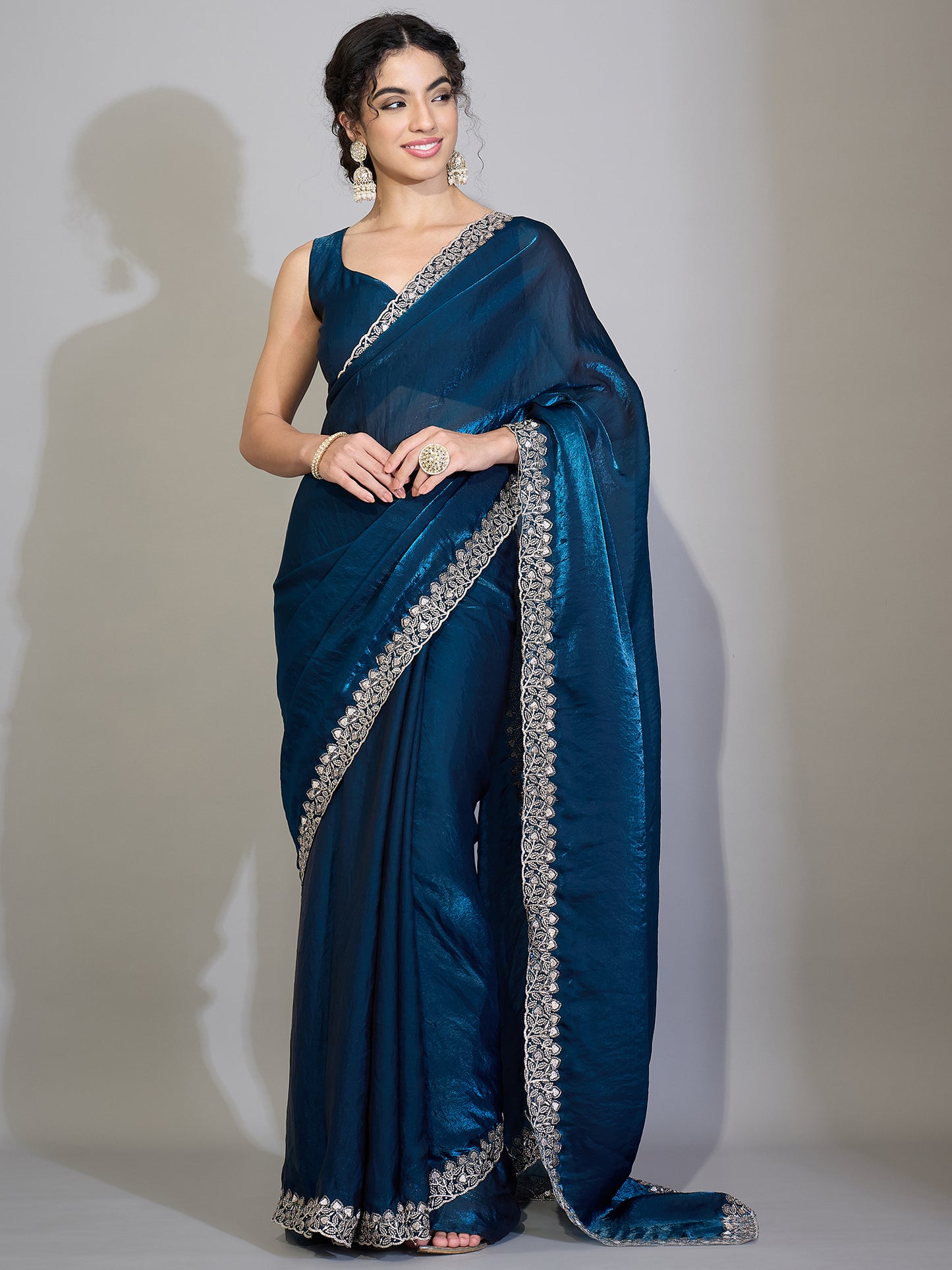 Women's Satin Teal blue Zari Embroidered Designer Saree With Blouse Piece