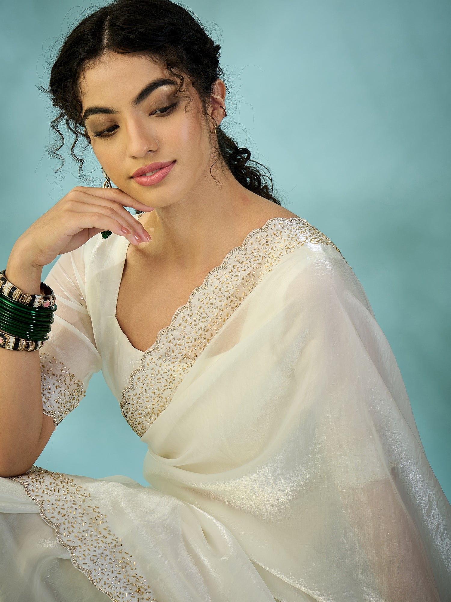 Women's Satin White Embellished Designer Saree With Blouse Piece