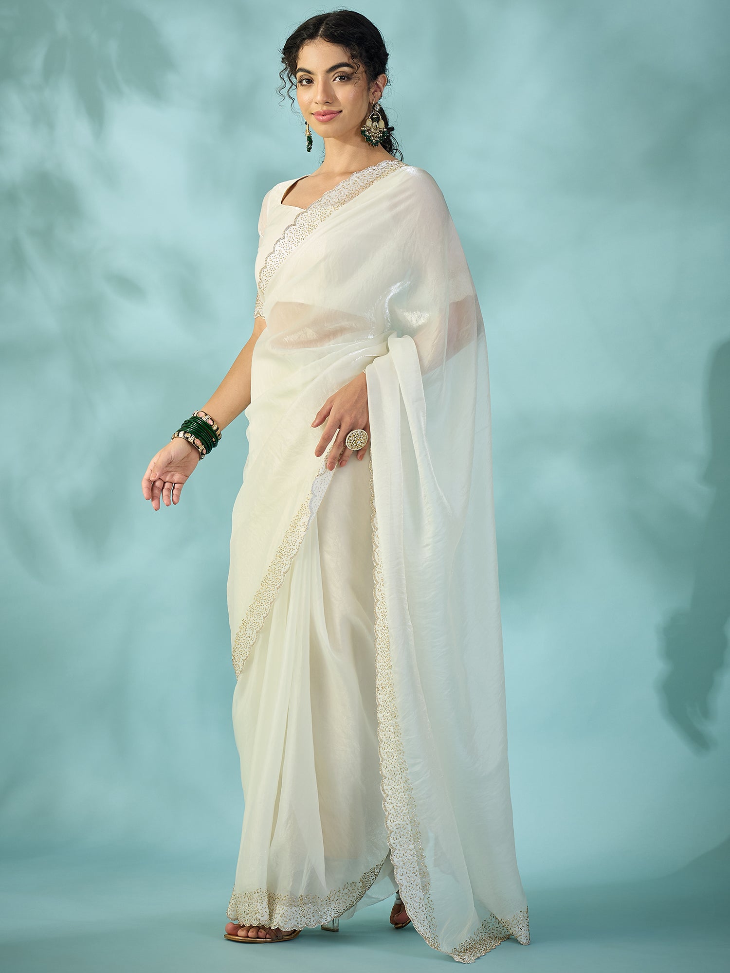 Women's Satin White Embellished Designer Saree With Blouse Piece