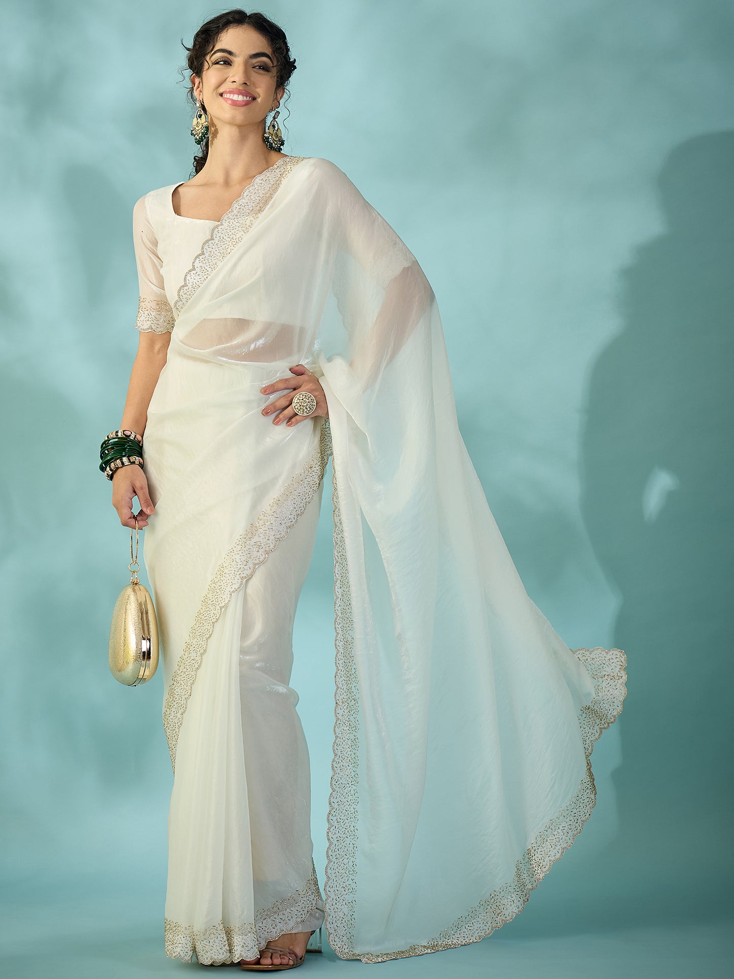Women's Satin White Embellished Designer Saree With Blouse Piece