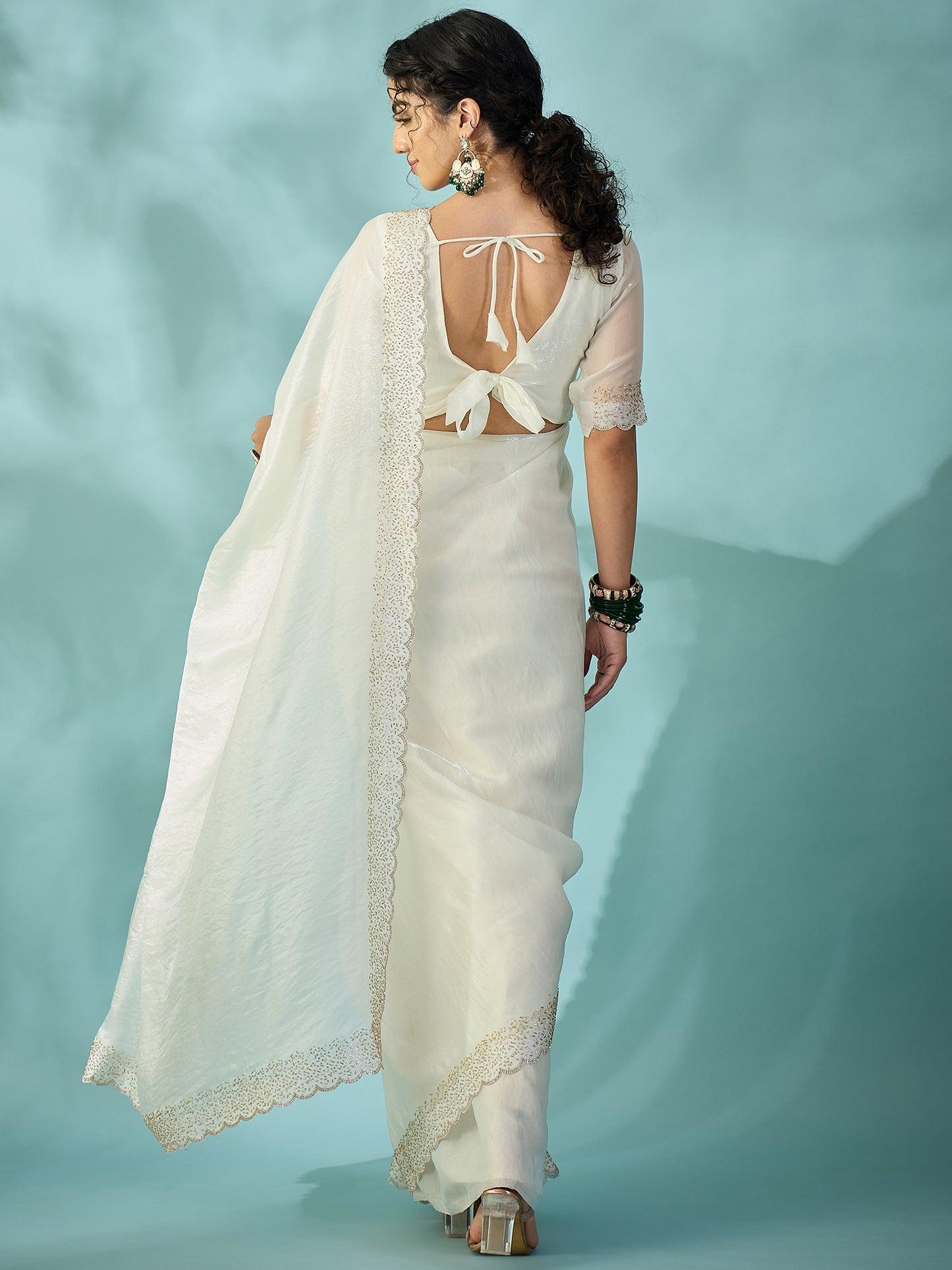 Women's Satin White Embellished Designer Saree With Blouse Piece