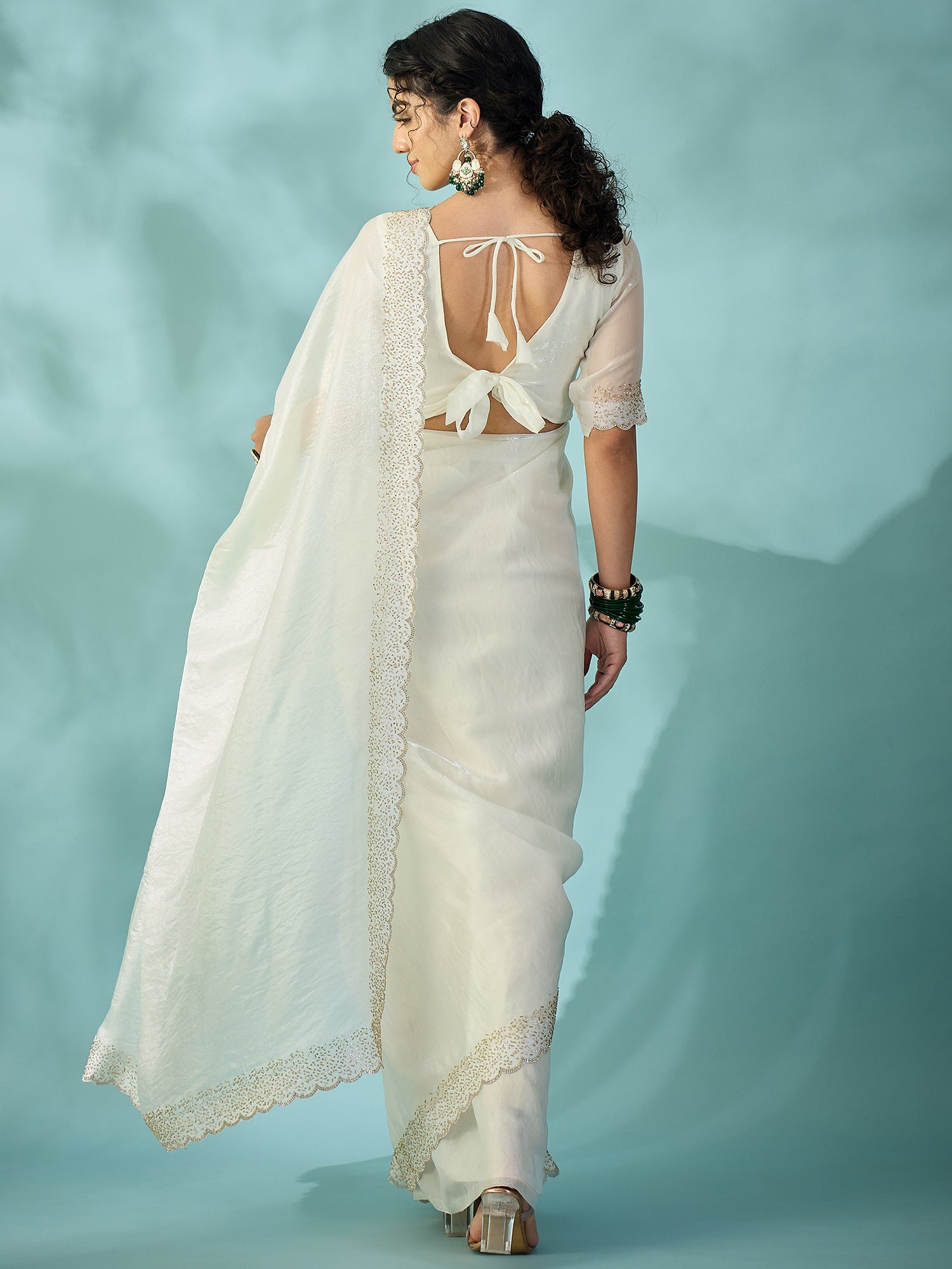 Women's Satin White Embellished Designer Saree With Blouse Piece