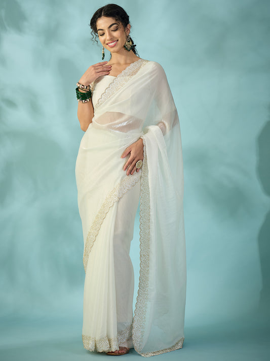 Women's Satin White Embellished Designer Saree With Blouse Piece