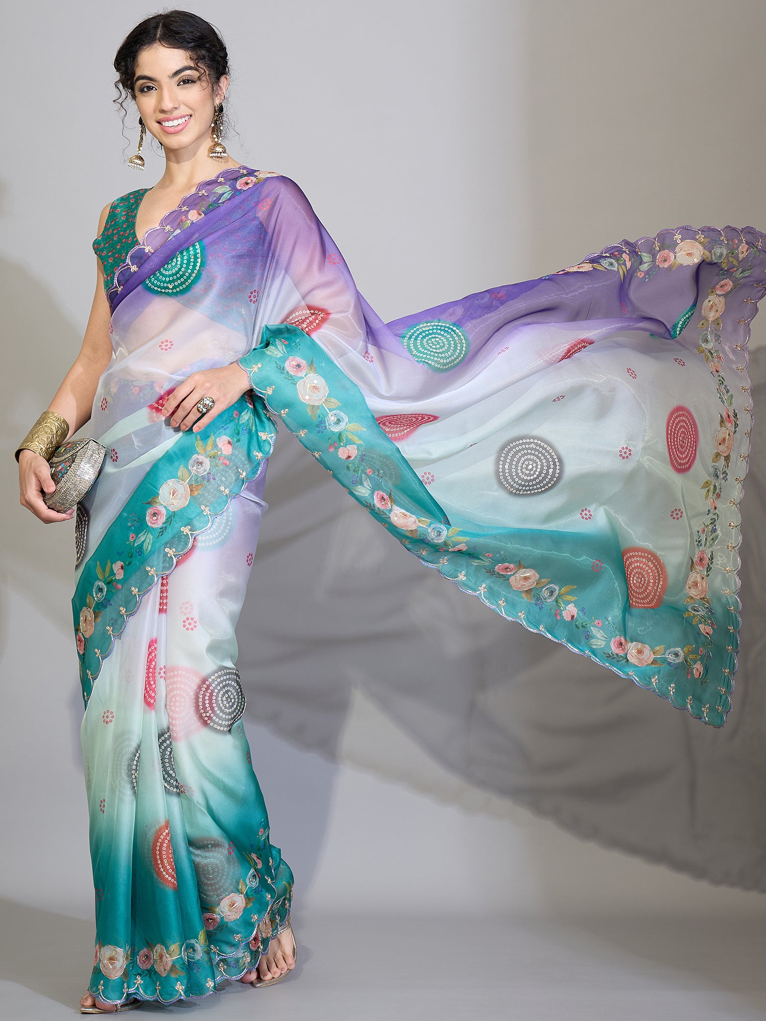 Women's Organza Purple Digital Print Designer Saree With Blouse Piece