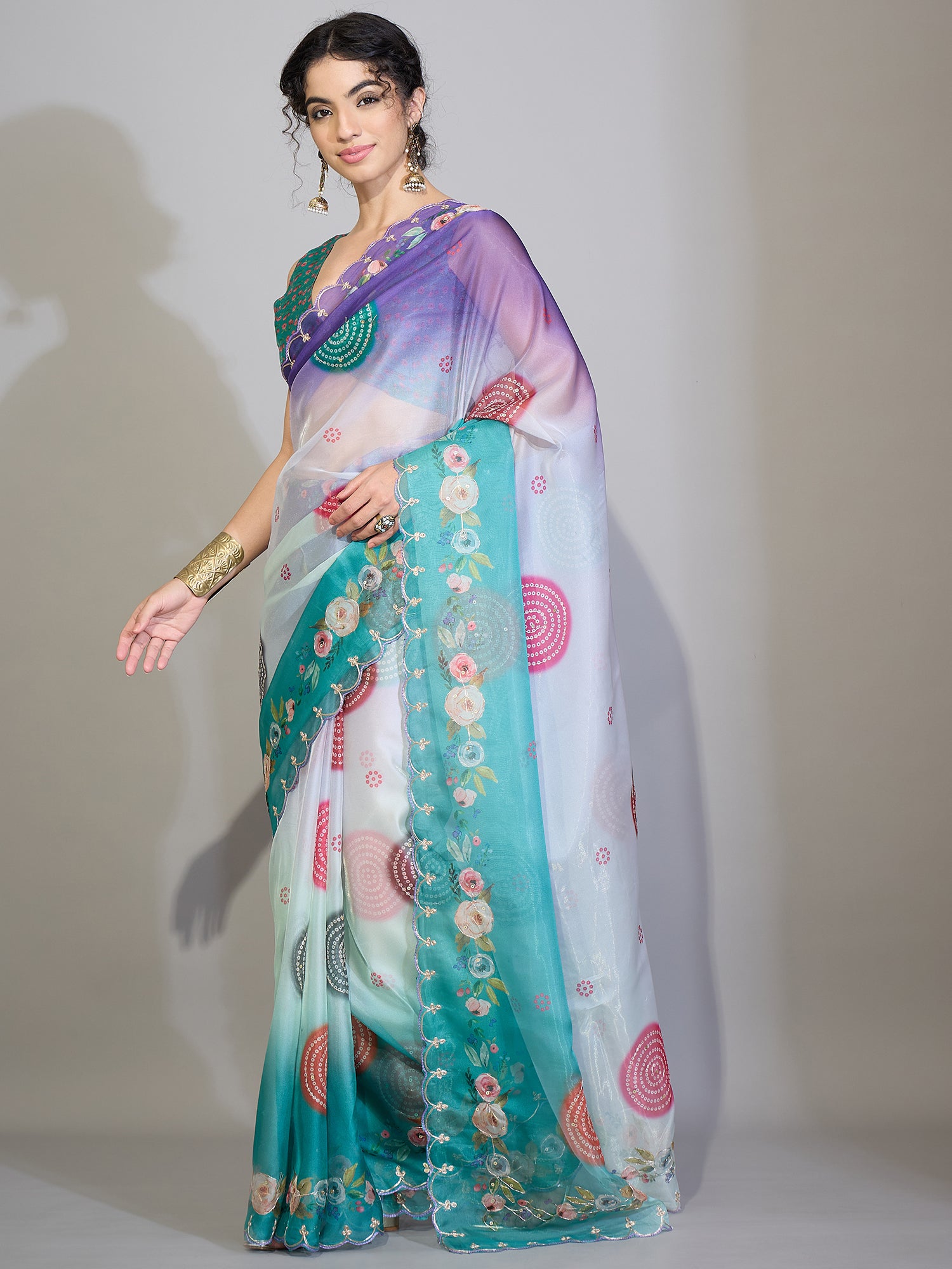Women's Organza Purple Digital Print Designer Saree With Blouse Piece