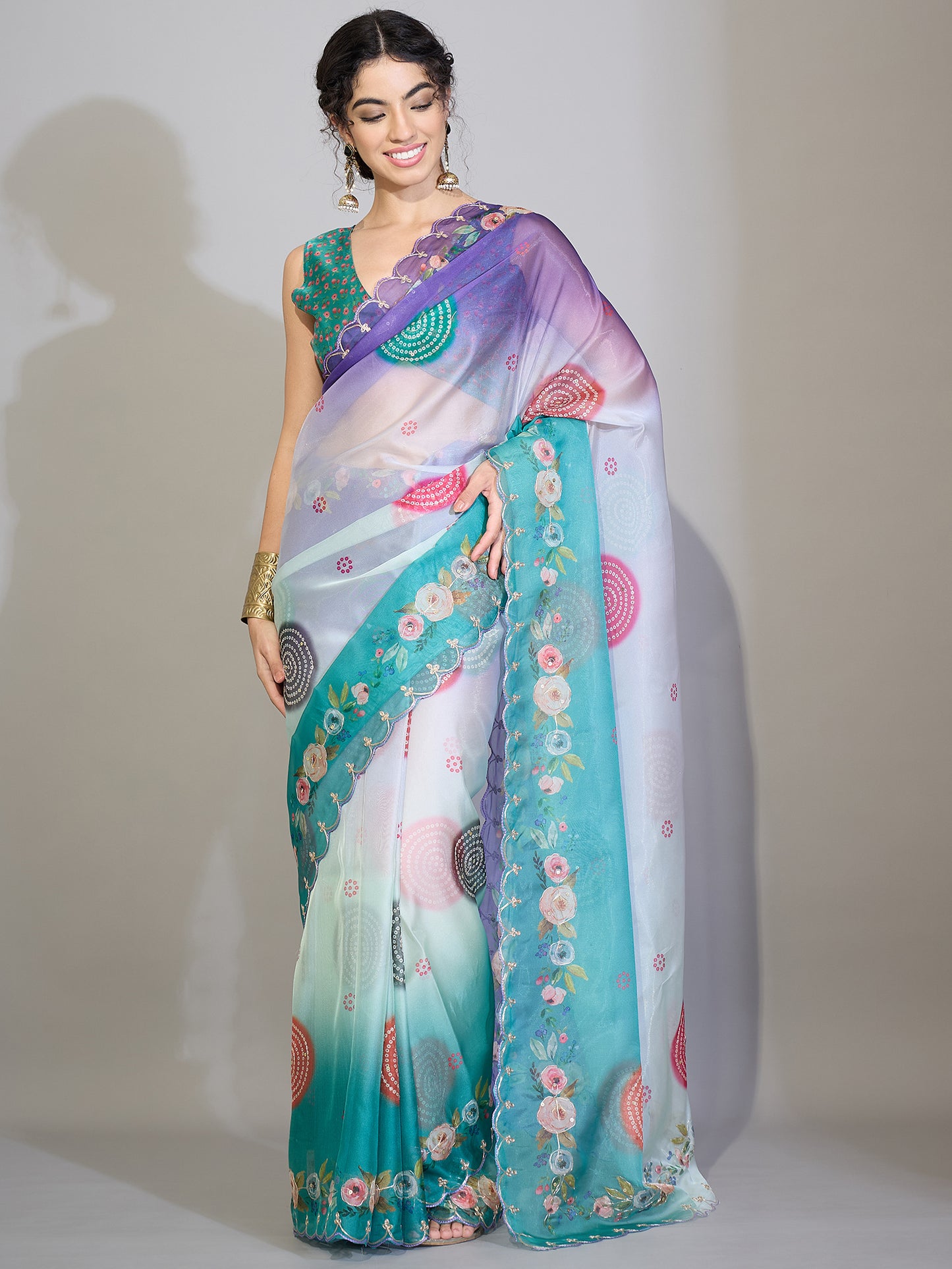 Women's Organza Purple Digital Print Designer Saree With Blouse Piece