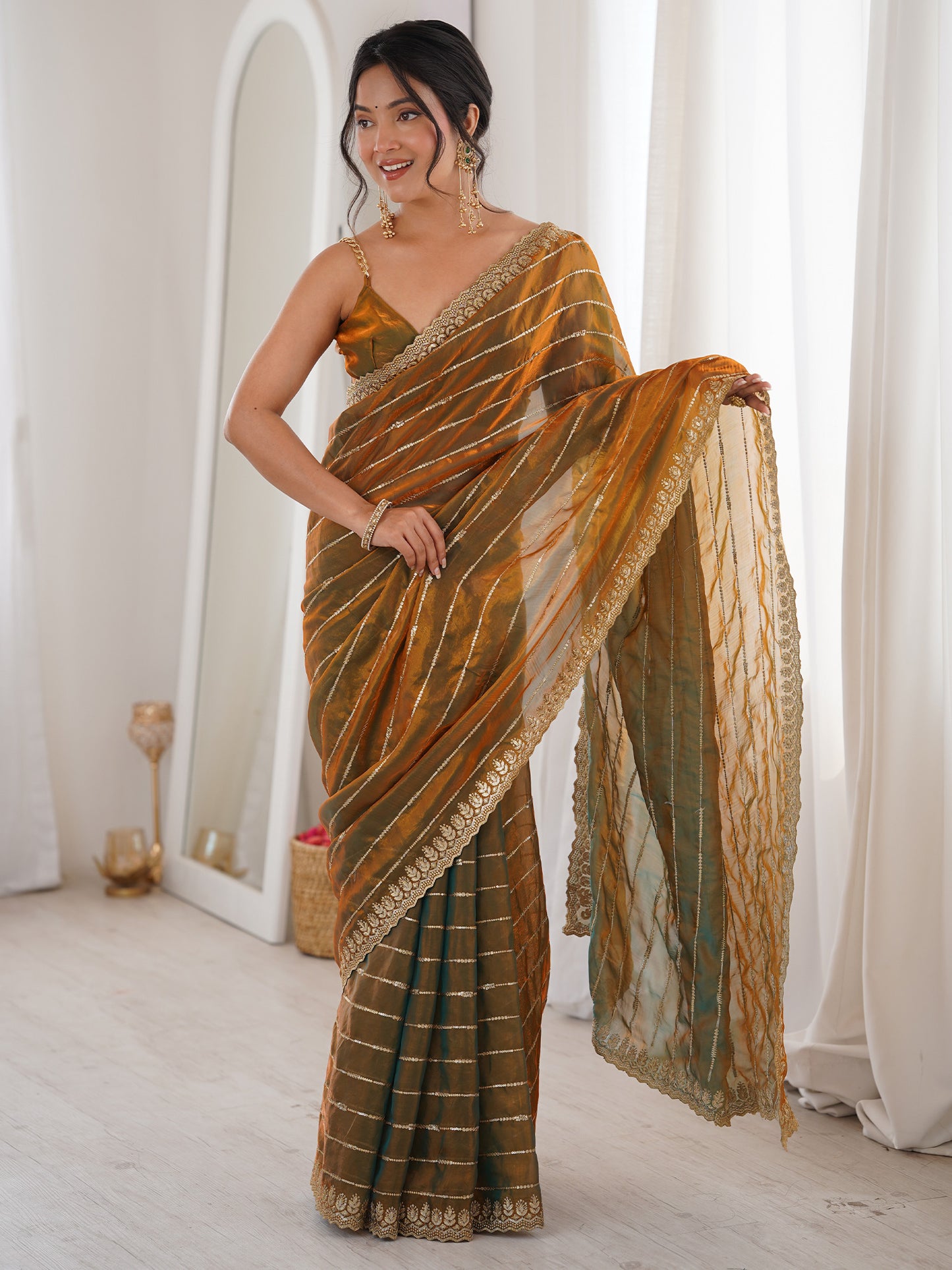 Women's Satin Gold Embellished Designer Saree With Blouse Piece