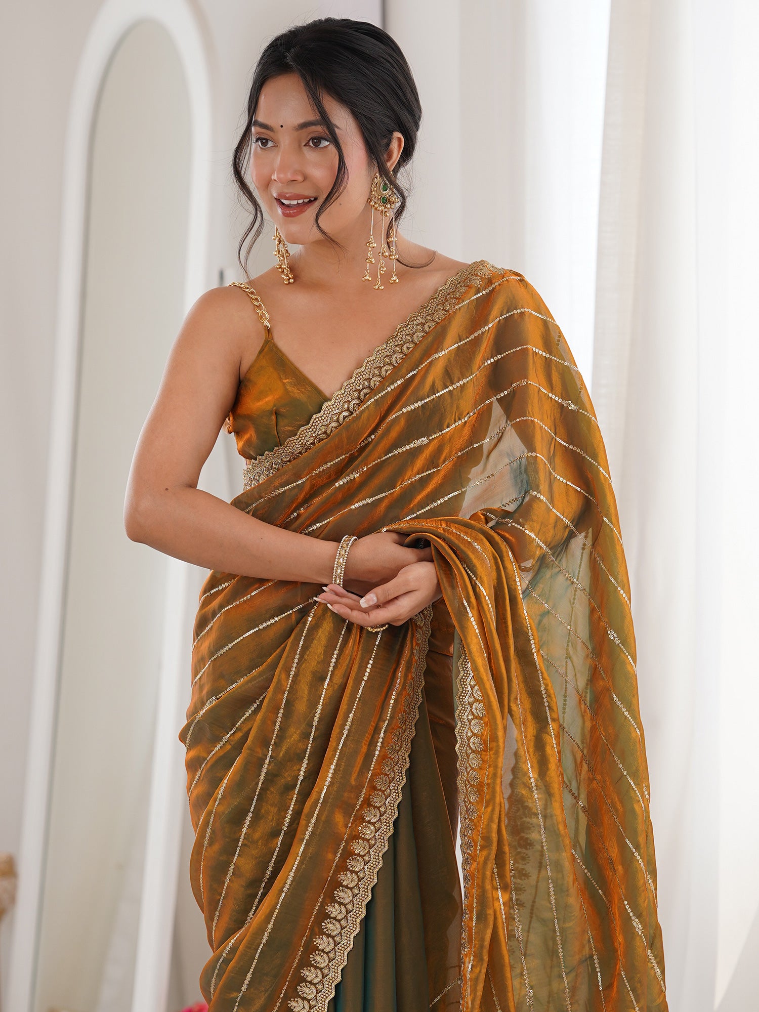 Women's Satin Gold Embellished Designer Saree With Blouse Piece