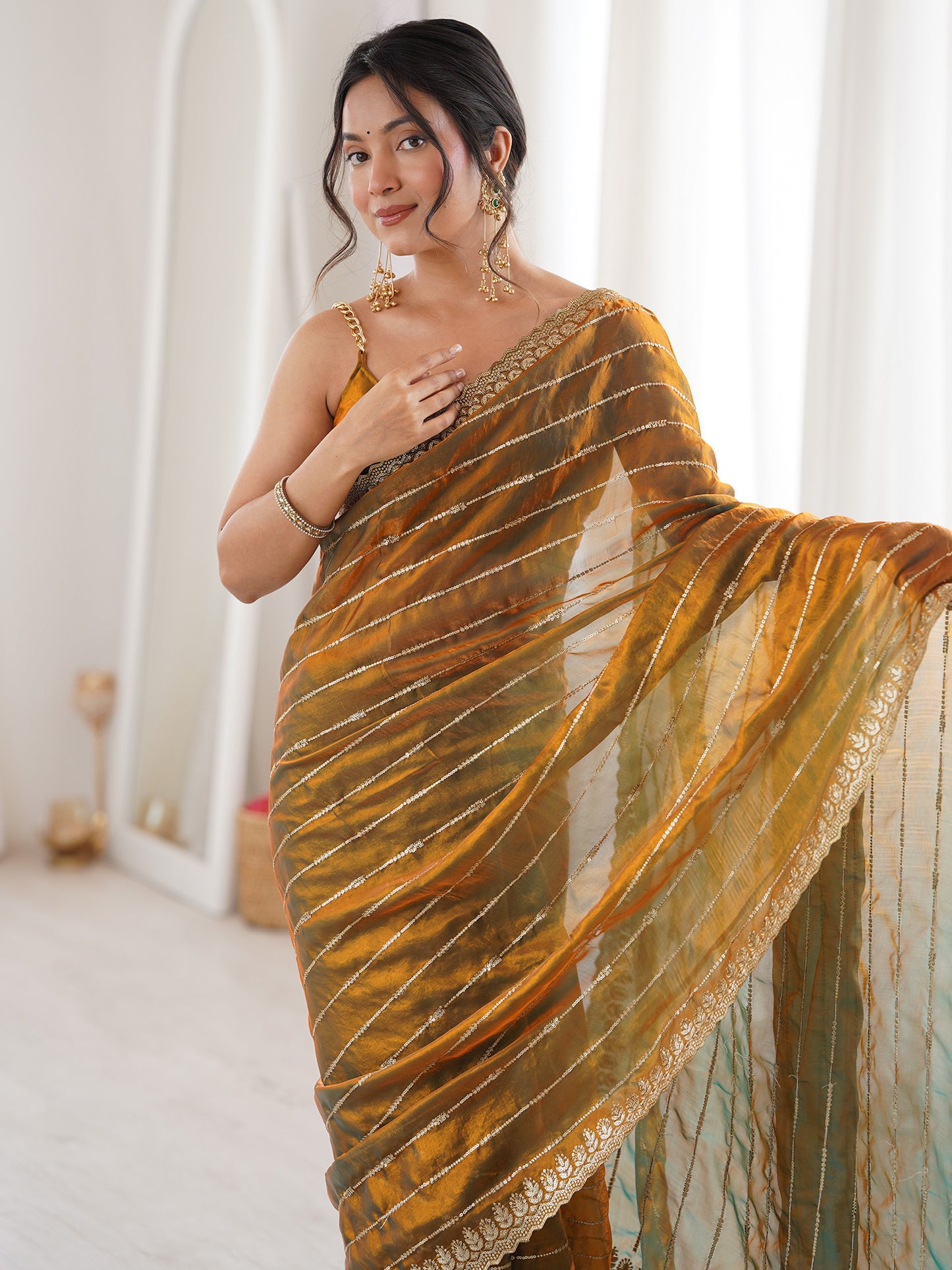 Women's Satin Gold Embellished Designer Saree With Blouse Piece