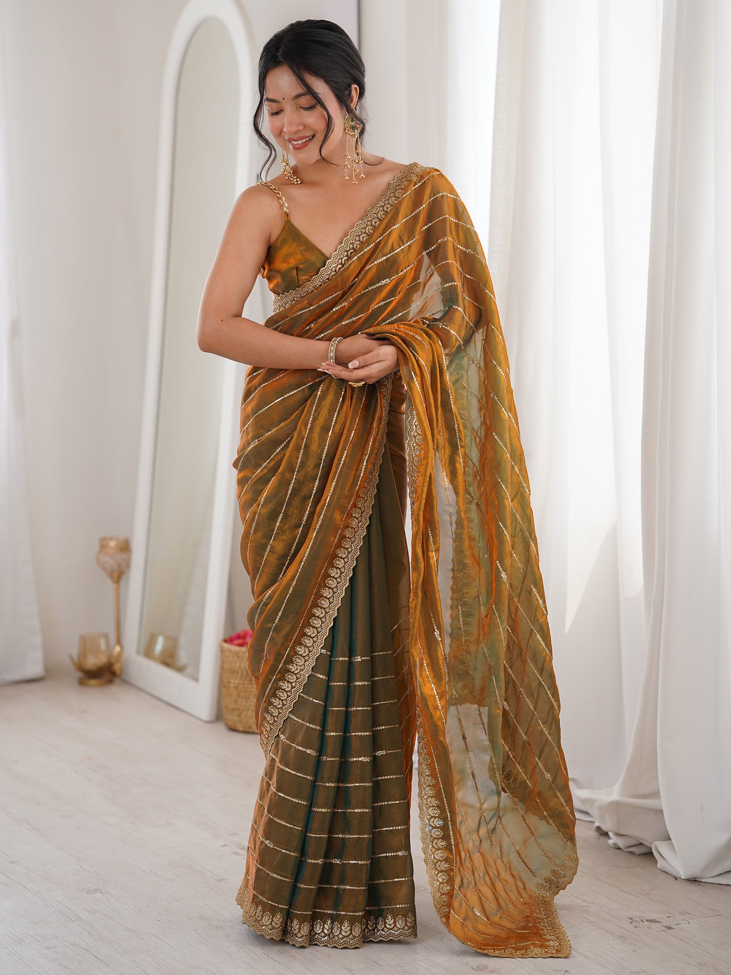 Women's Satin Gold Embellished Designer Saree With Blouse Piece