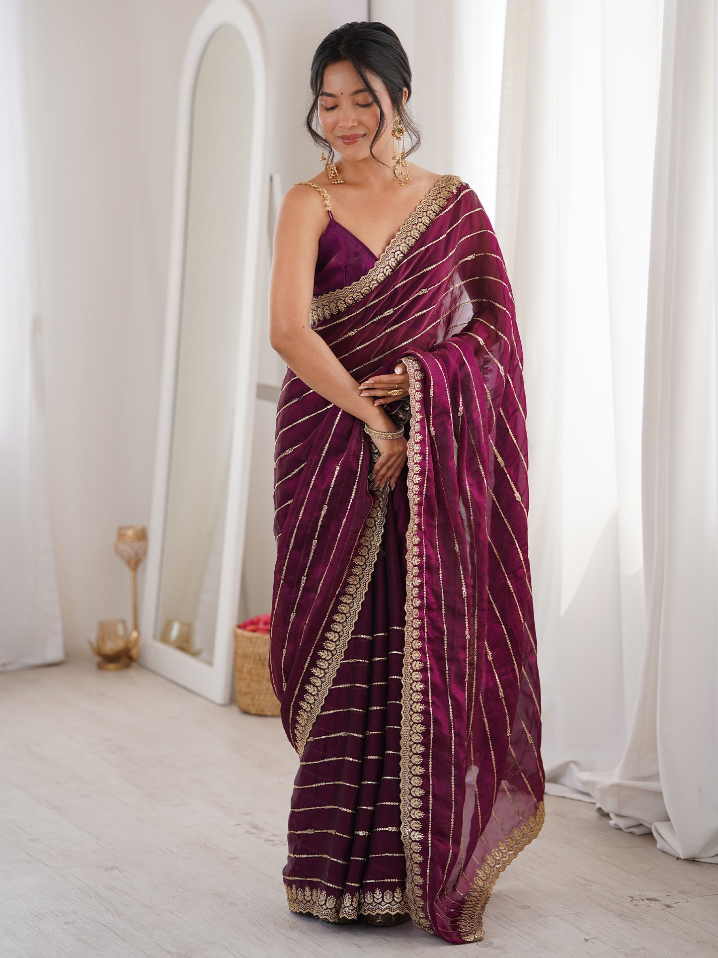 Women's Satin Wine Embellished Designer Saree With Blouse Piece
