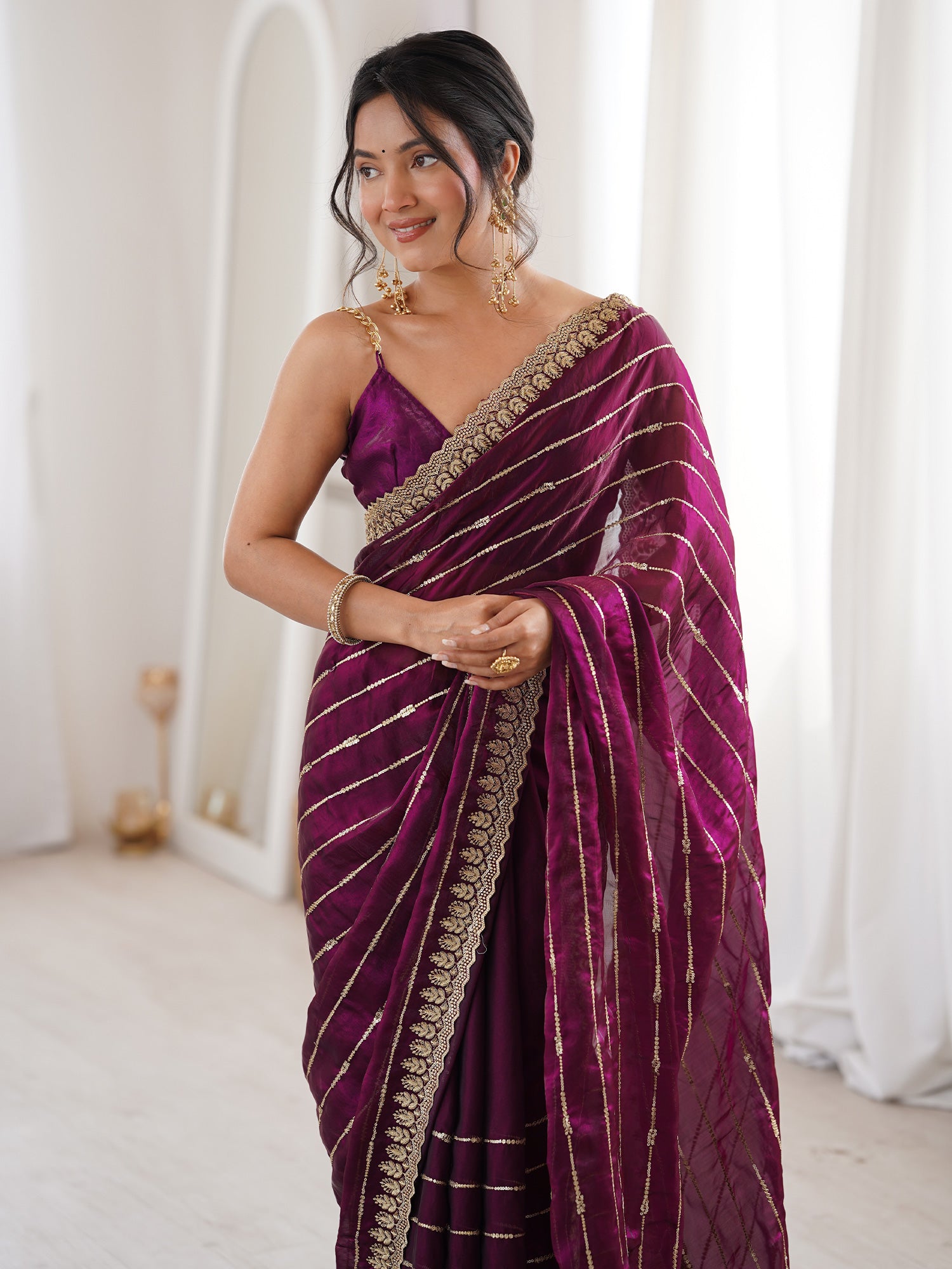 Women's Satin Wine Embellished Designer Saree With Blouse Piece