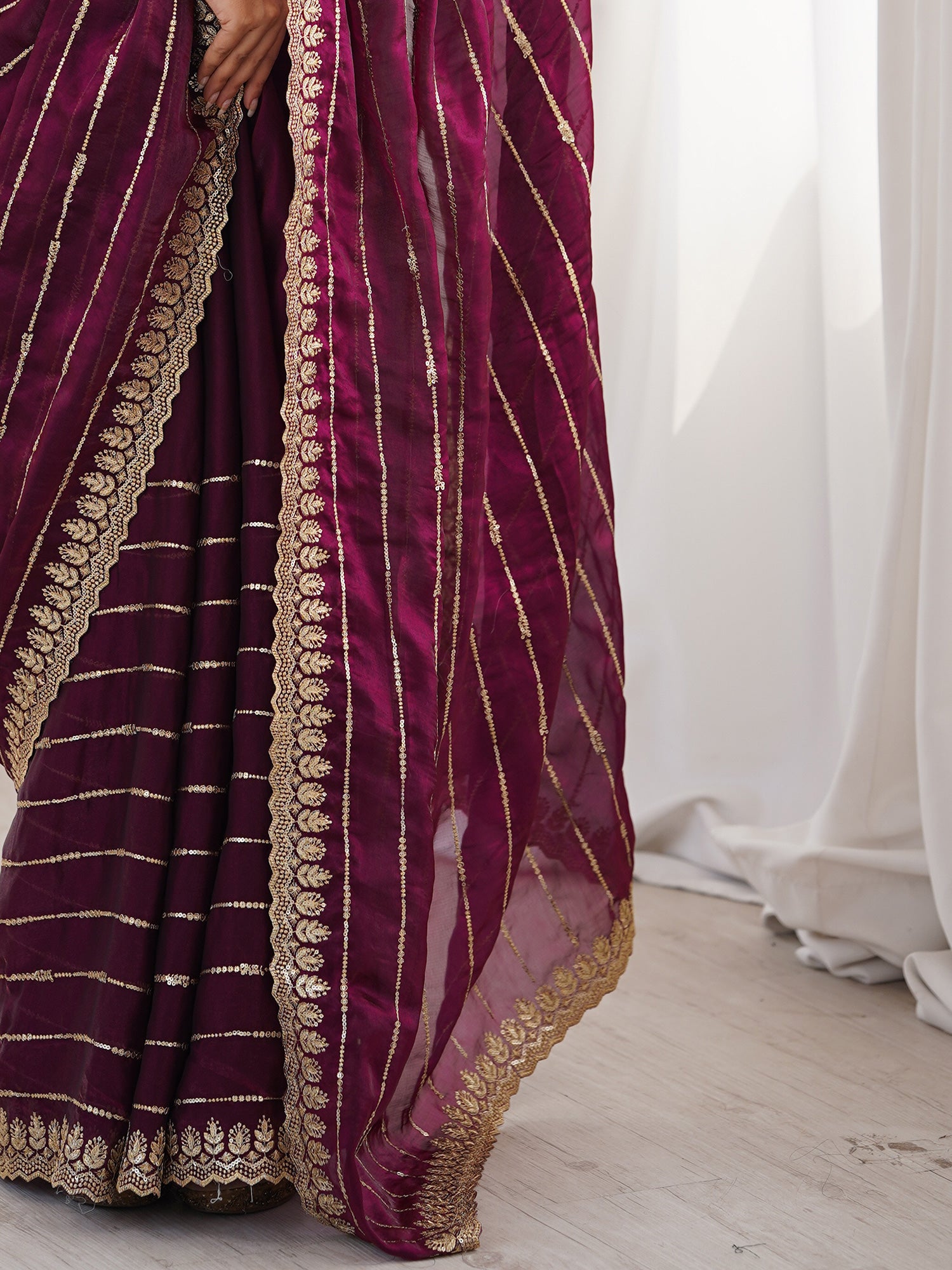 Women's Satin Wine Embellished Designer Saree With Blouse Piece