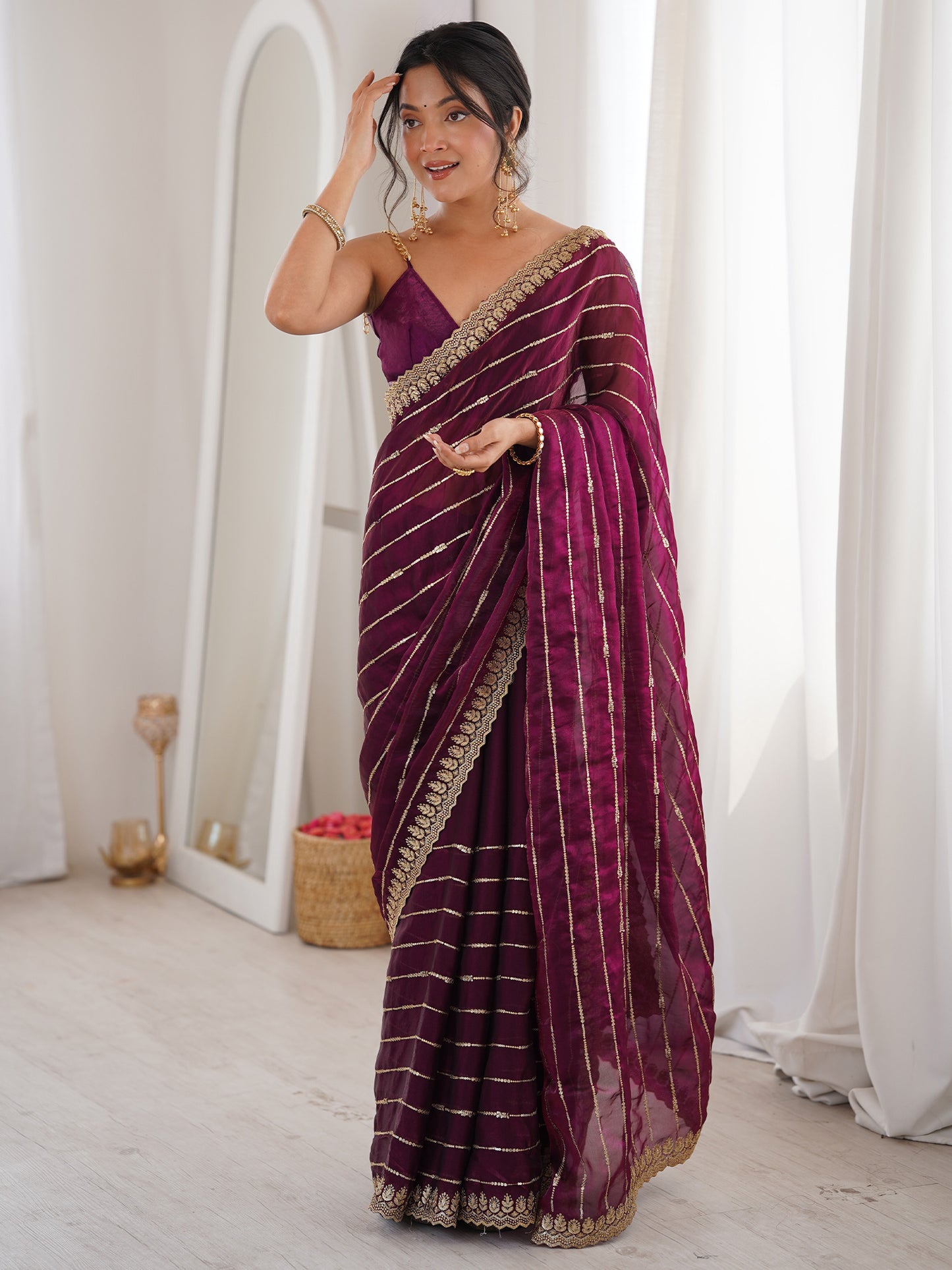 Women's Satin Wine Embellished Designer Saree With Blouse Piece