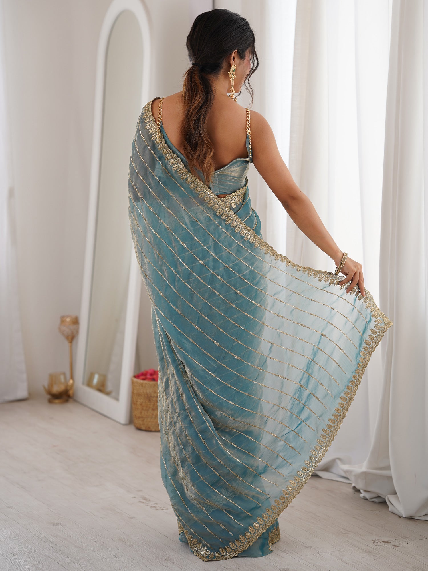 Women's Satin Light Blue Embellished Designer Saree With Blouse Piece