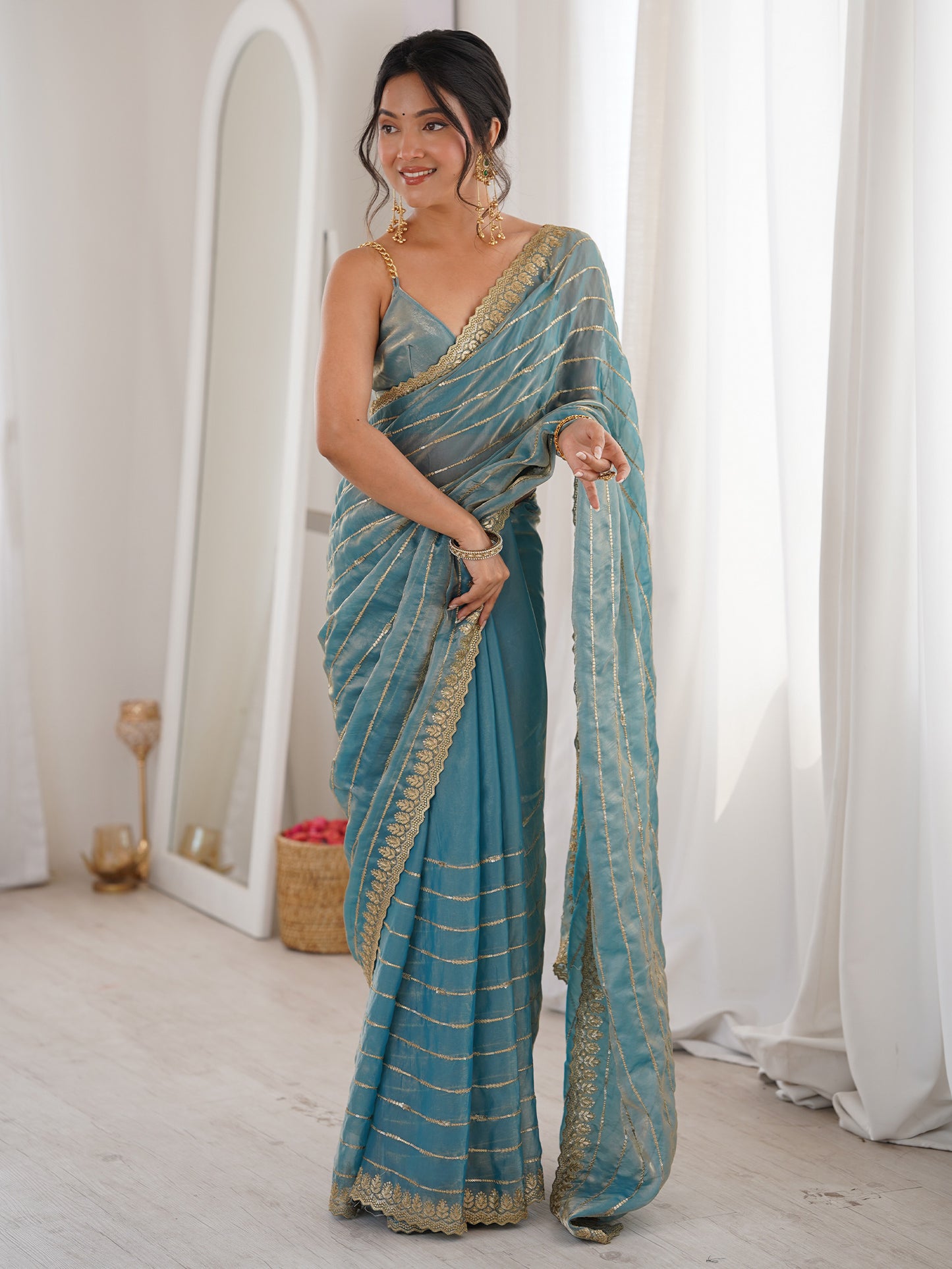 Women's Satin Light Blue Embellished Designer Saree With Blouse Piece