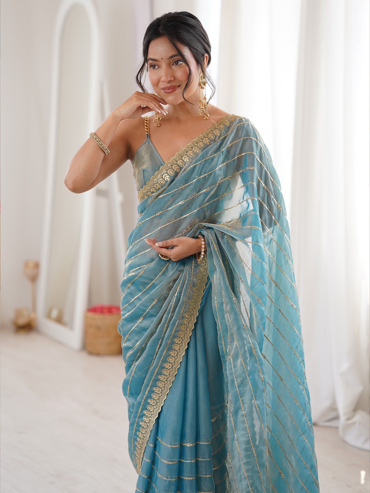 Women's Satin Light Blue Embellished Designer Saree With Blouse Piece