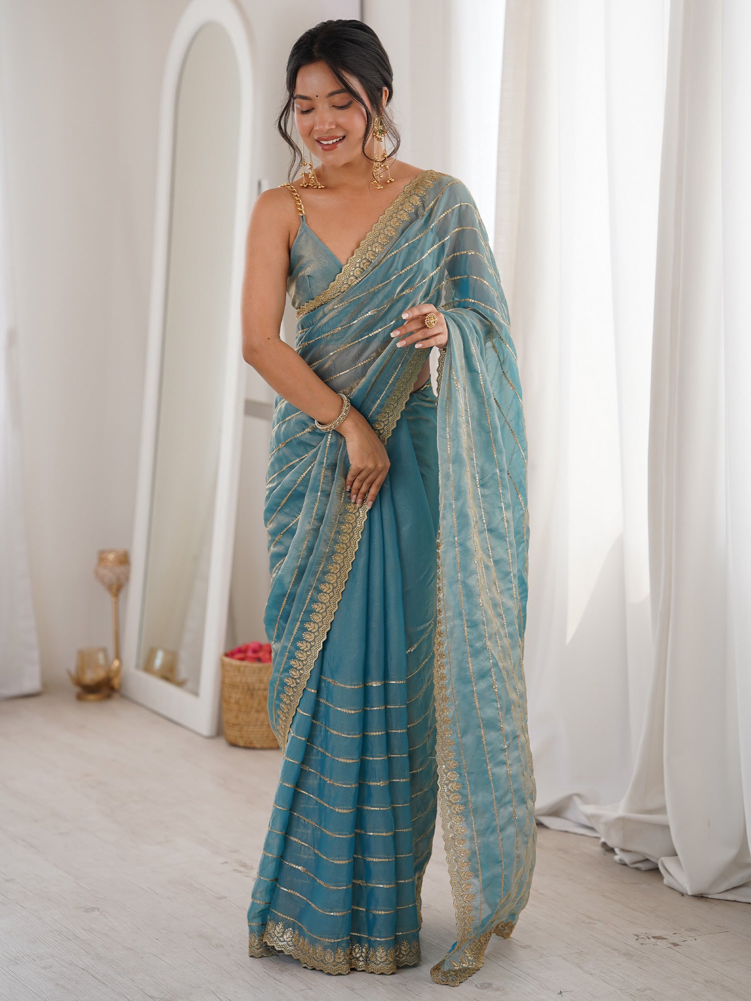 Women's Satin Light Blue Embellished Designer Saree With Blouse Piece