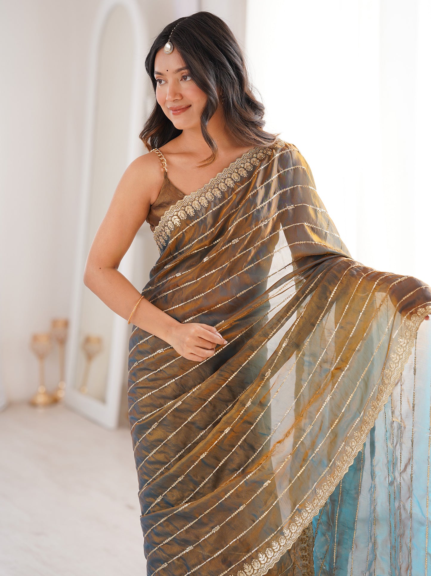 Women's Satin Olive Embellished Designer Saree With Blouse Piece