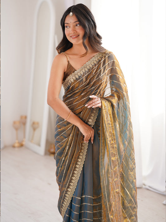 Women's Satin Olive Embellished Designer Saree With Blouse Piece