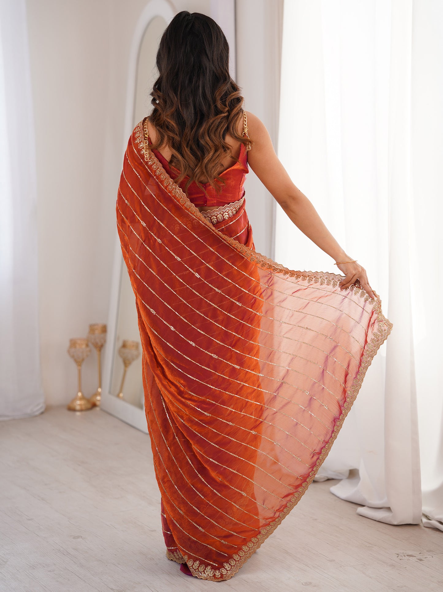 Women's Satin Orange Embellished Designer Saree With Blouse Piece