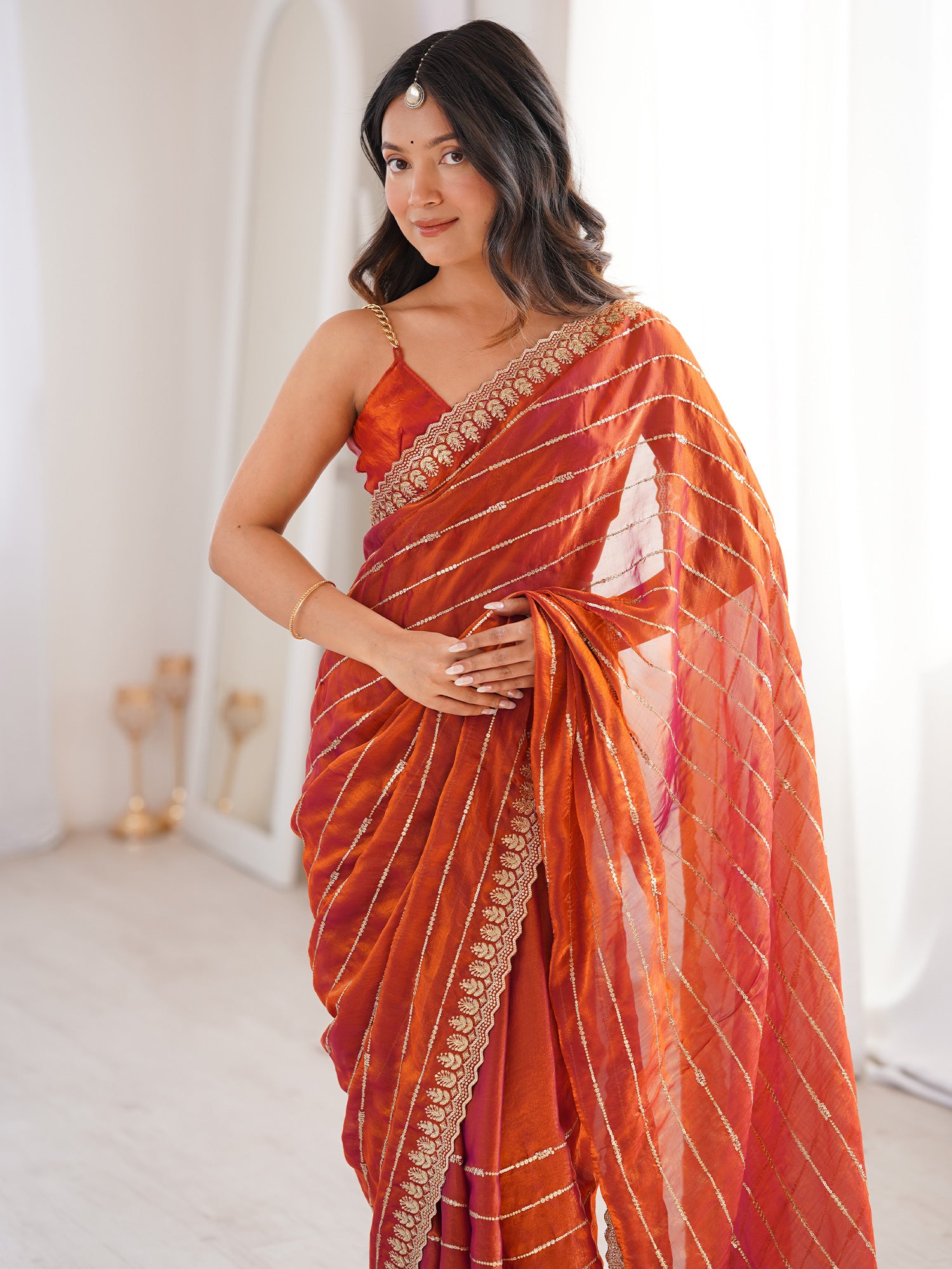 Women's Satin Orange Embellished Designer Saree With Blouse Piece