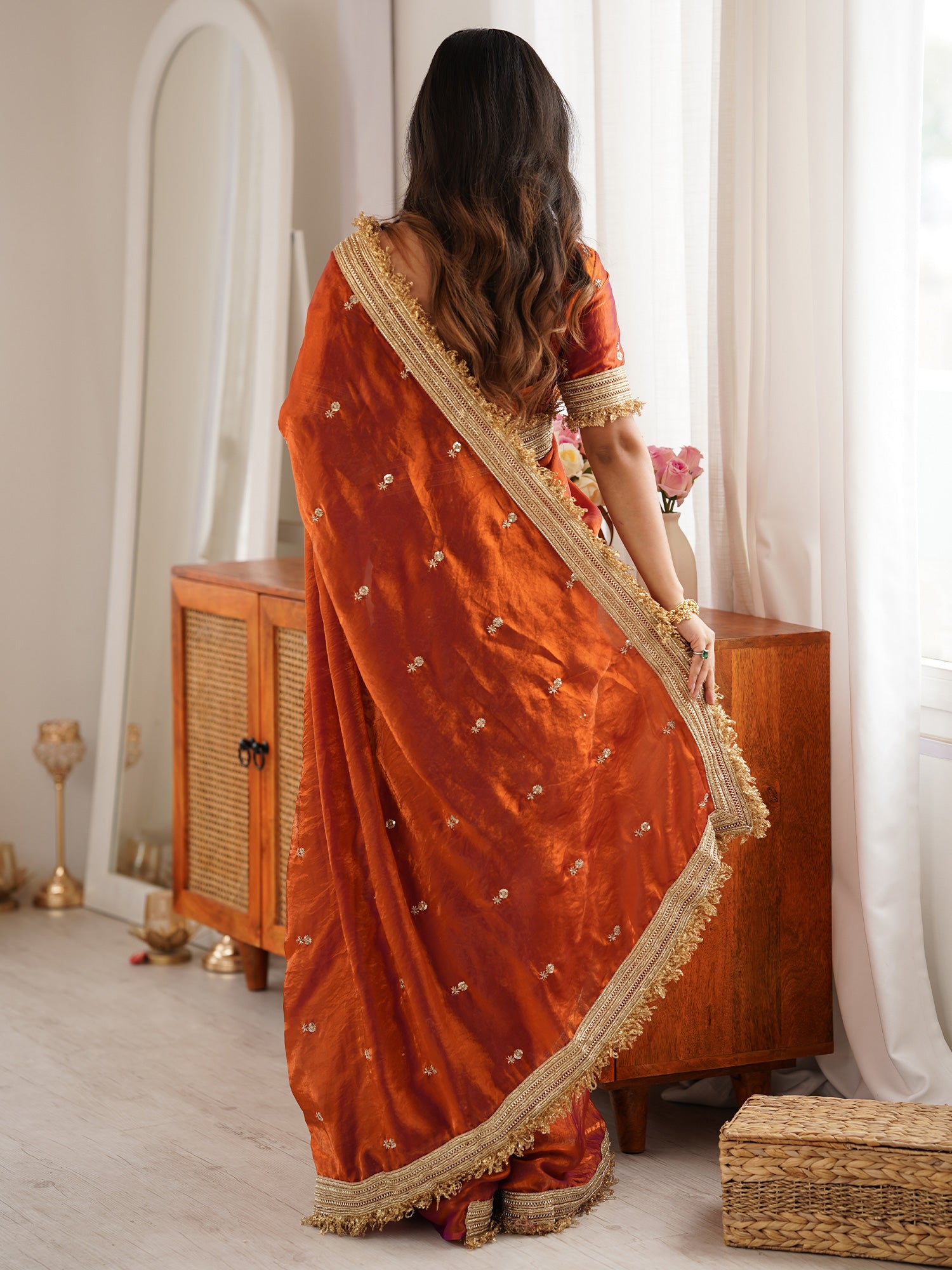 Women's Satin Orange Embellished Designer Saree With Blouse Piece