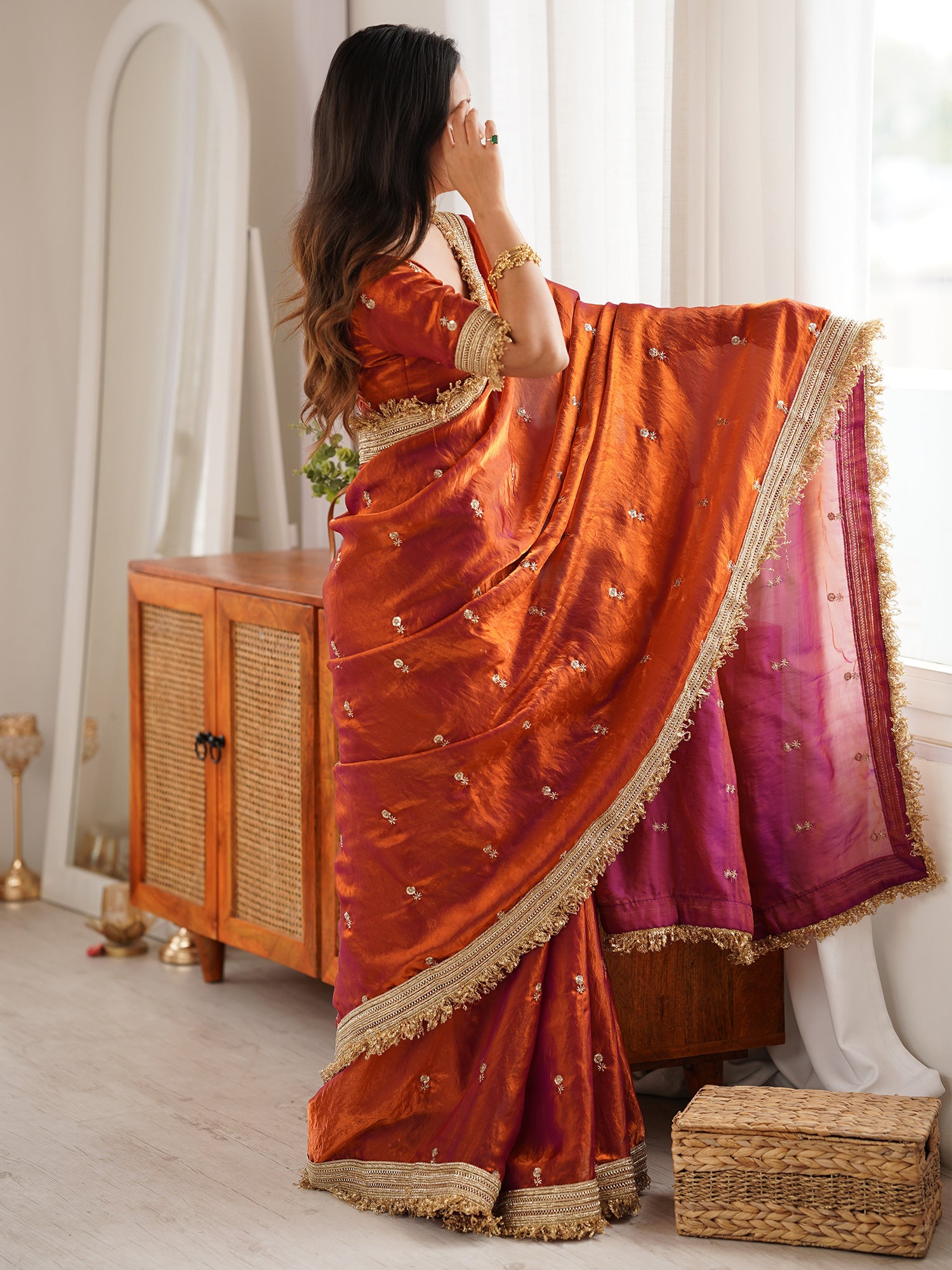 Women's Satin Orange Embellished Designer Saree With Blouse Piece