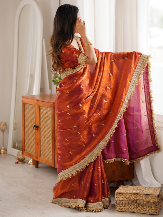 Women's Satin Orange Embellished Designer Saree With Blouse Piece