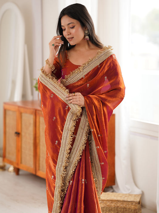 Women's Satin Orange Embellished Designer Saree With Blouse Piece