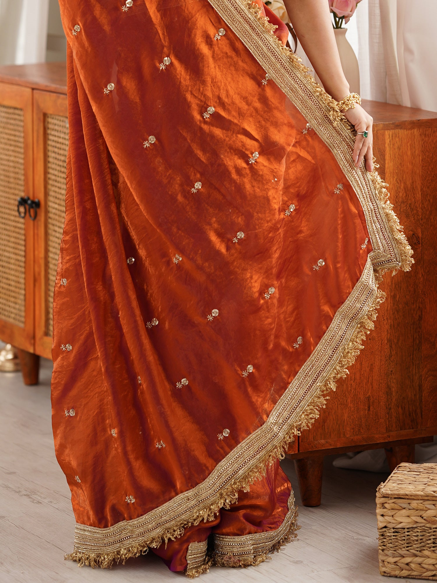 Women's Satin Orange Embellished Designer Saree With Blouse Piece
