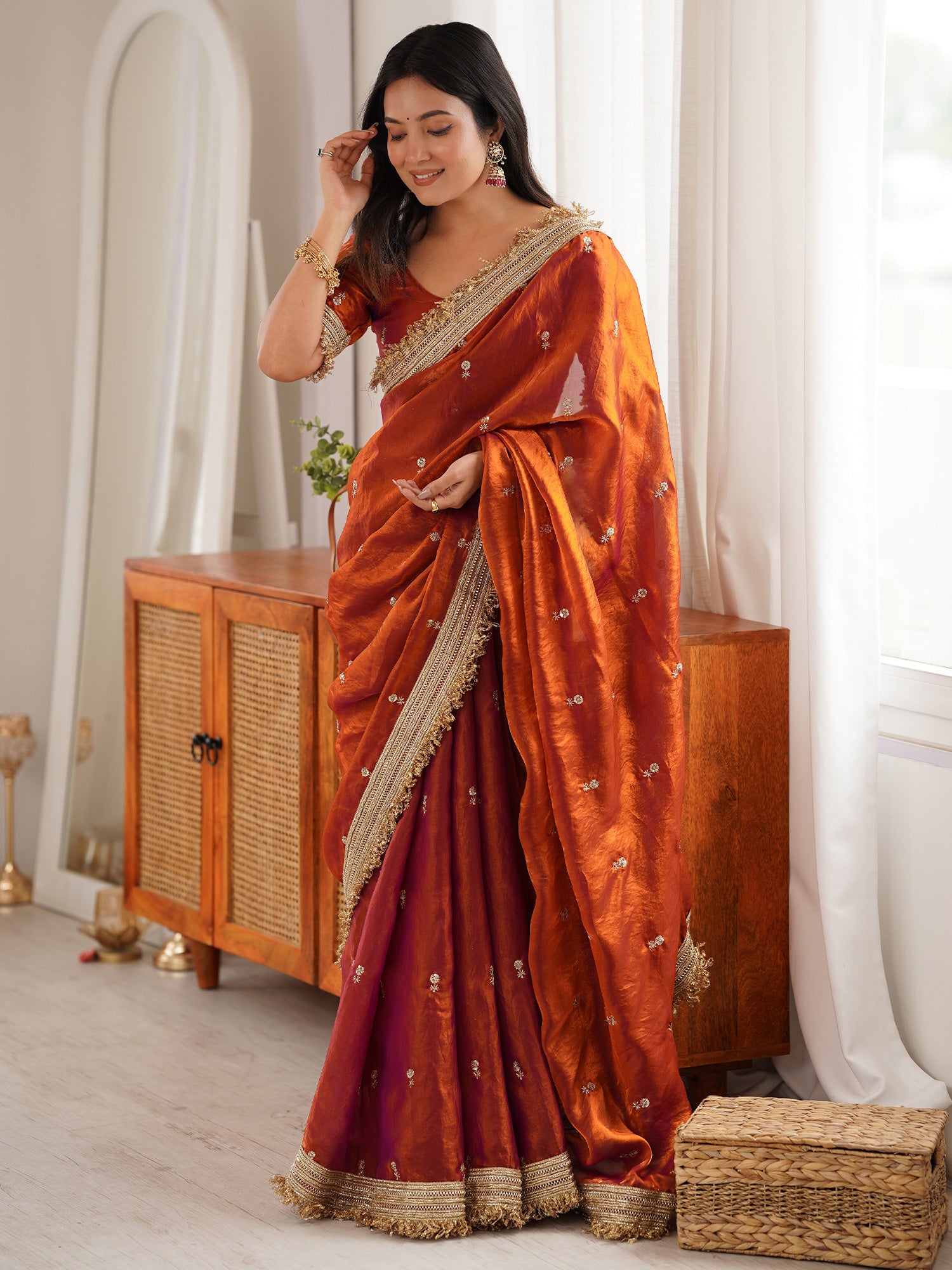 Women's Satin Orange Embellished Designer Saree With Blouse Piece