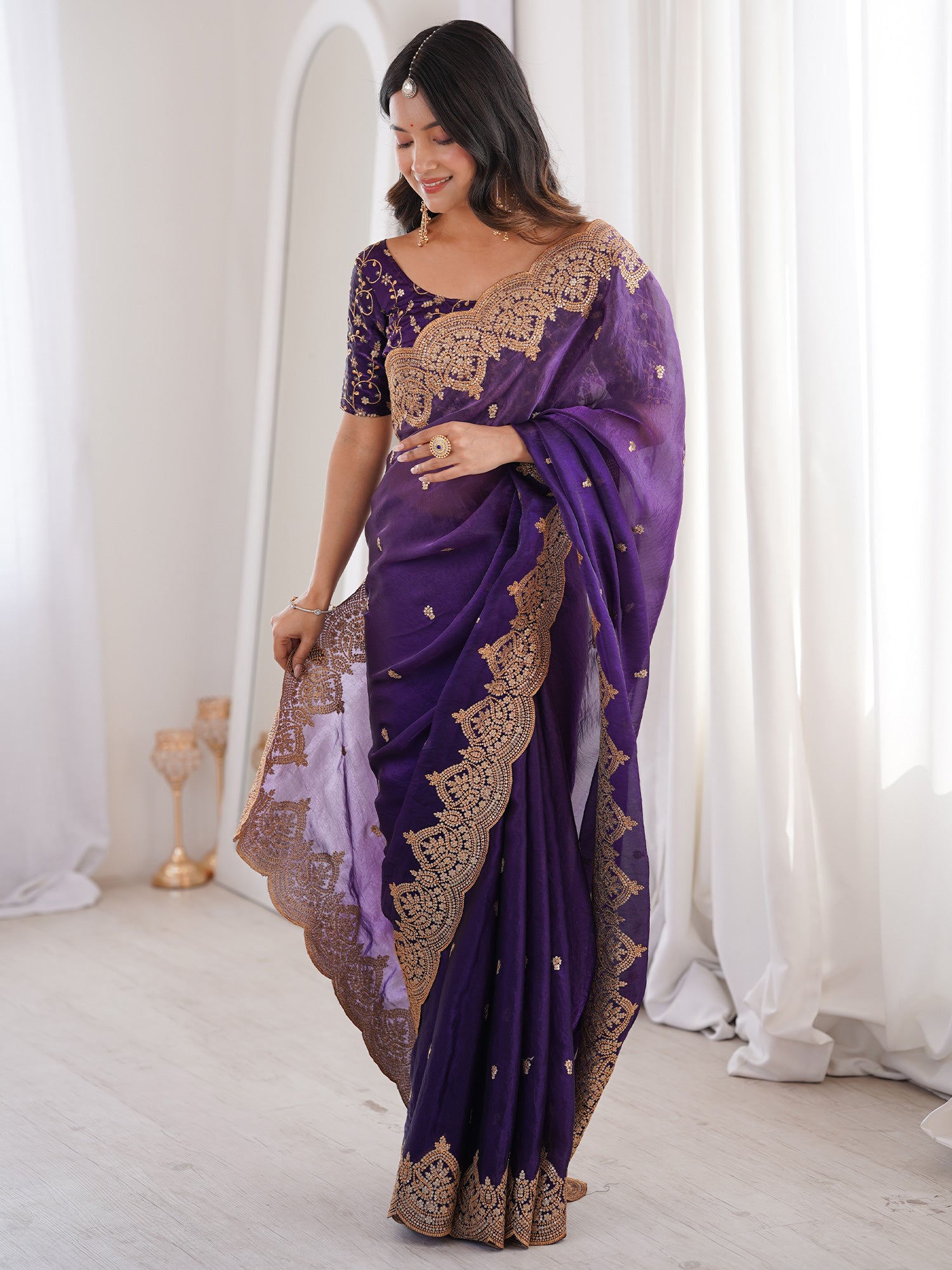 Women's Satin Purple Embellished Designer Saree With Blouse Piece