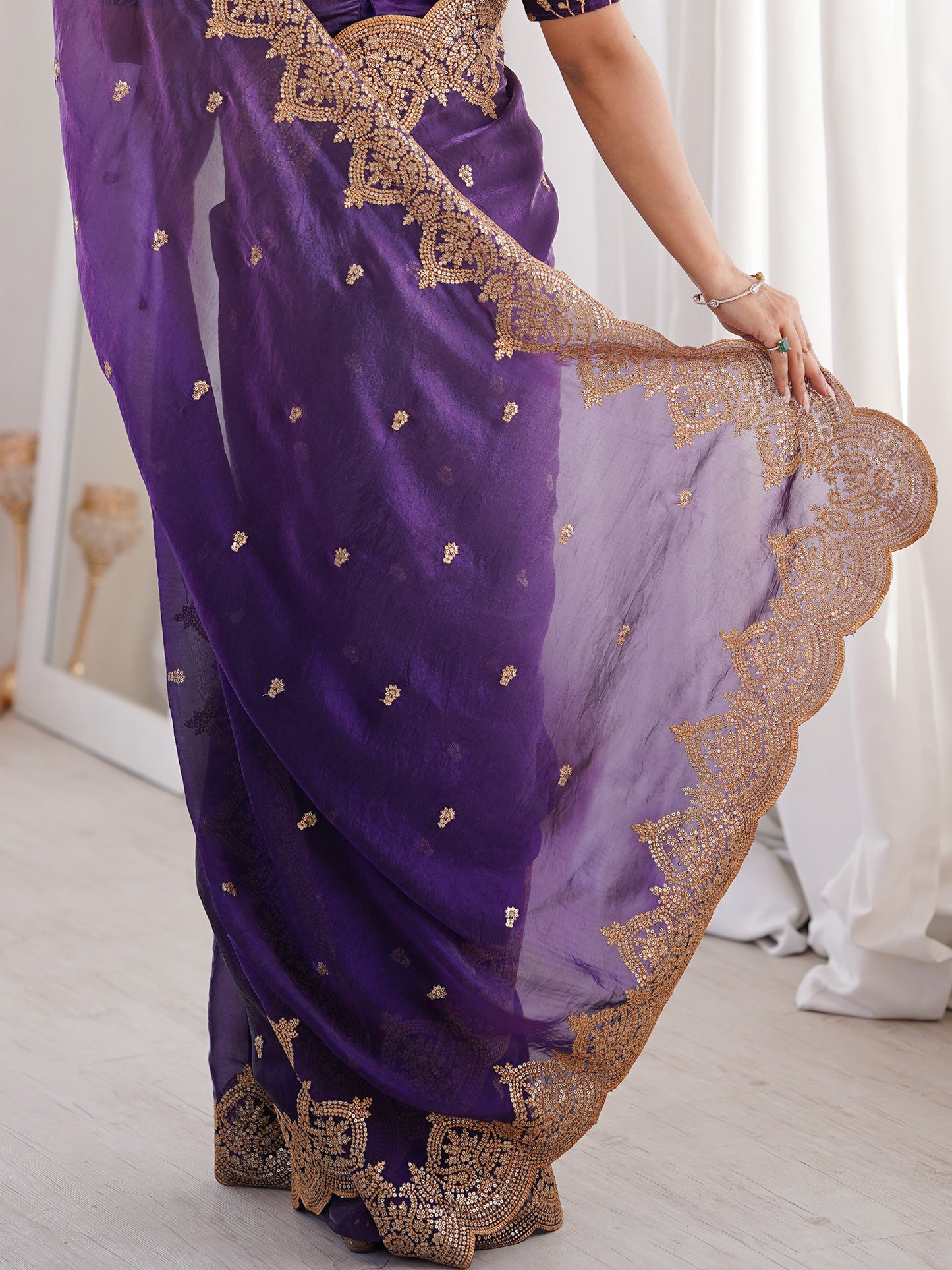 Women's Satin Purple Embellished Designer Saree With Blouse Piece
