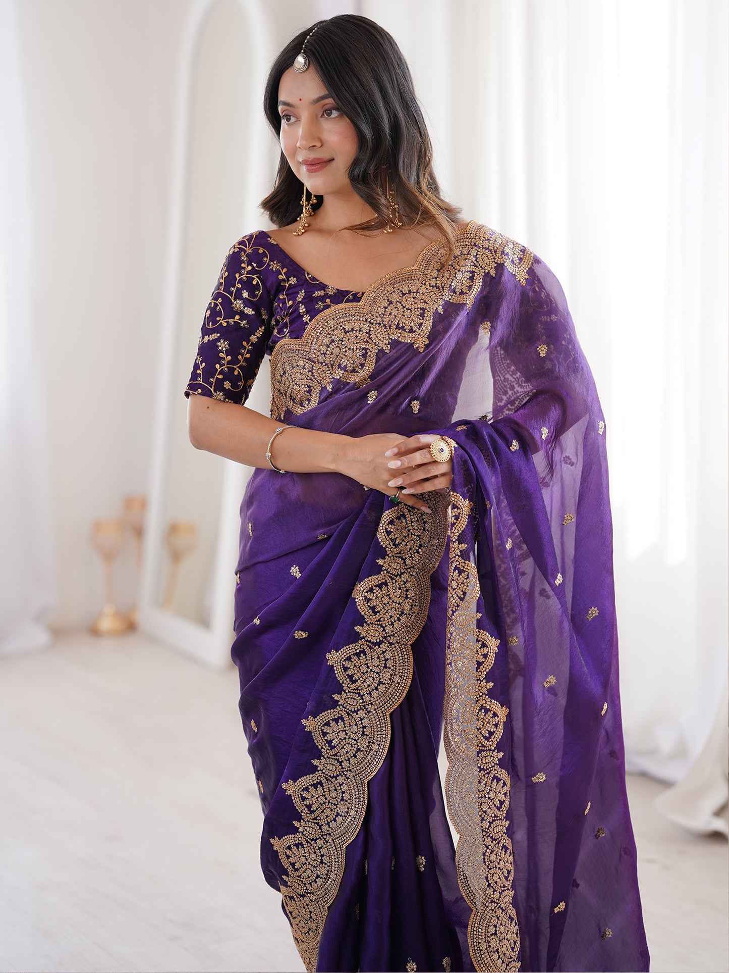 Women's Satin Purple Embellished Designer Saree With Blouse Piece