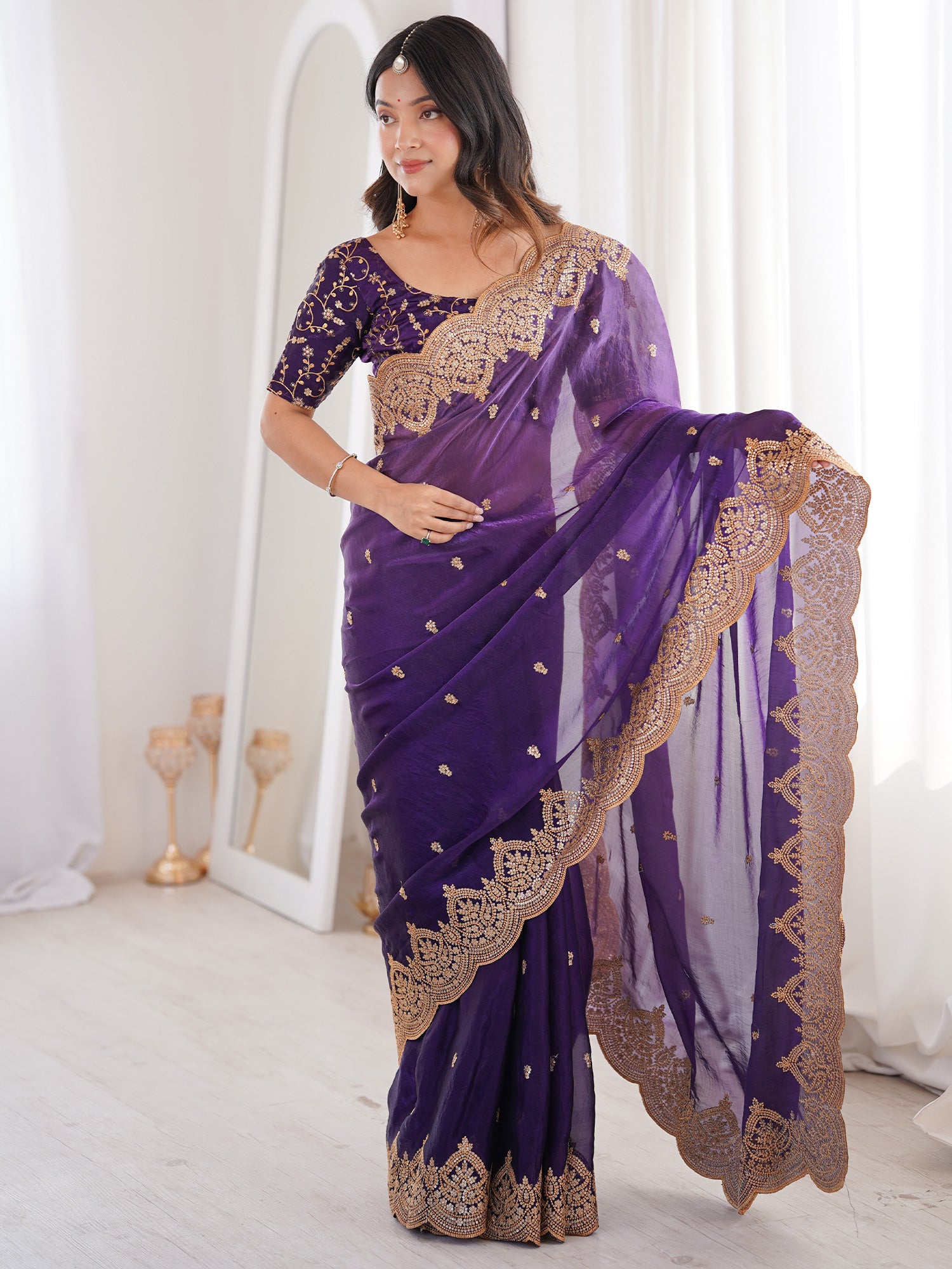 Women's Satin Purple Embellished Designer Saree With Blouse Piece