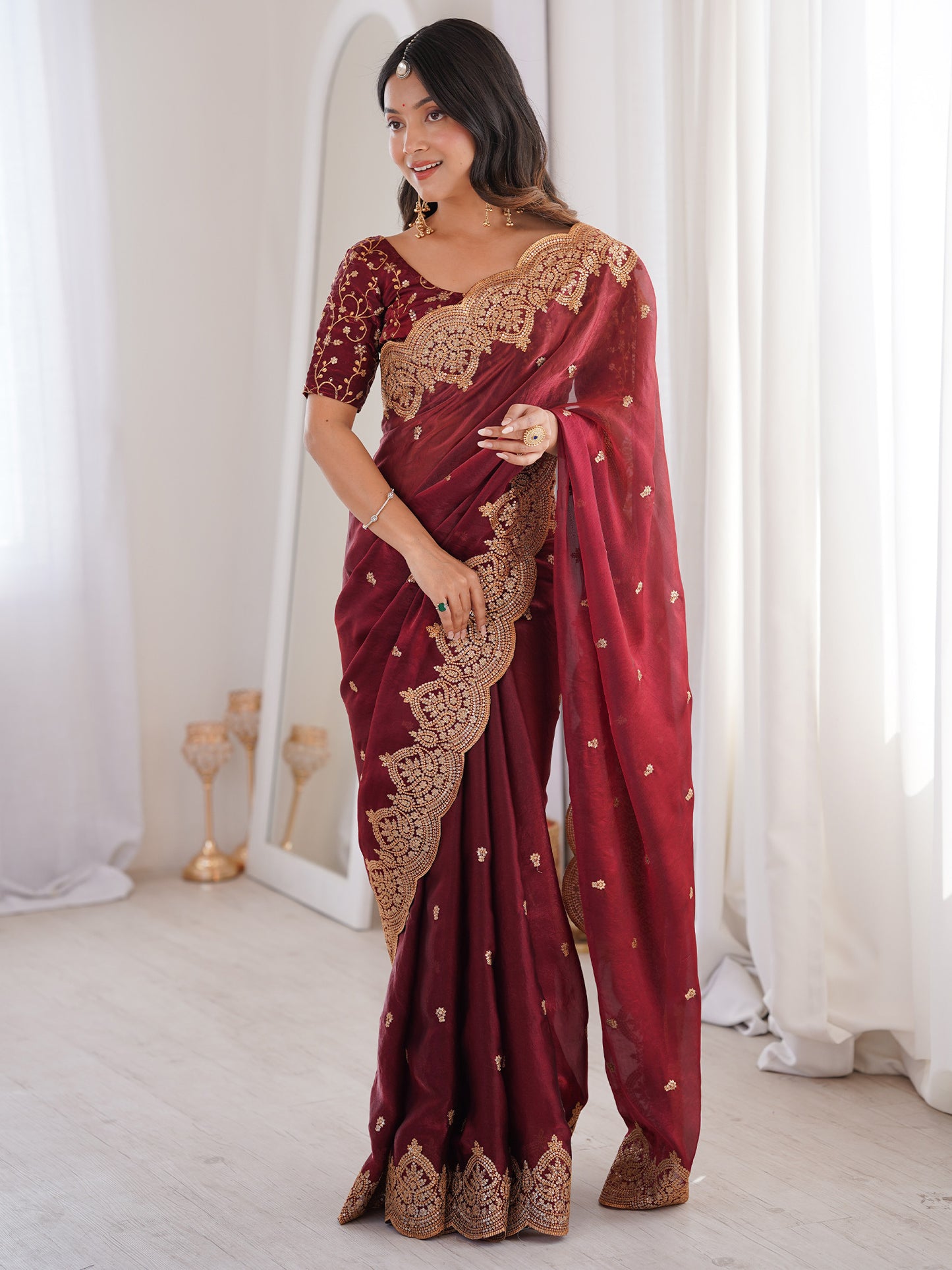 Women's Satin Maroon Embellished Designer Saree With Blouse Piece