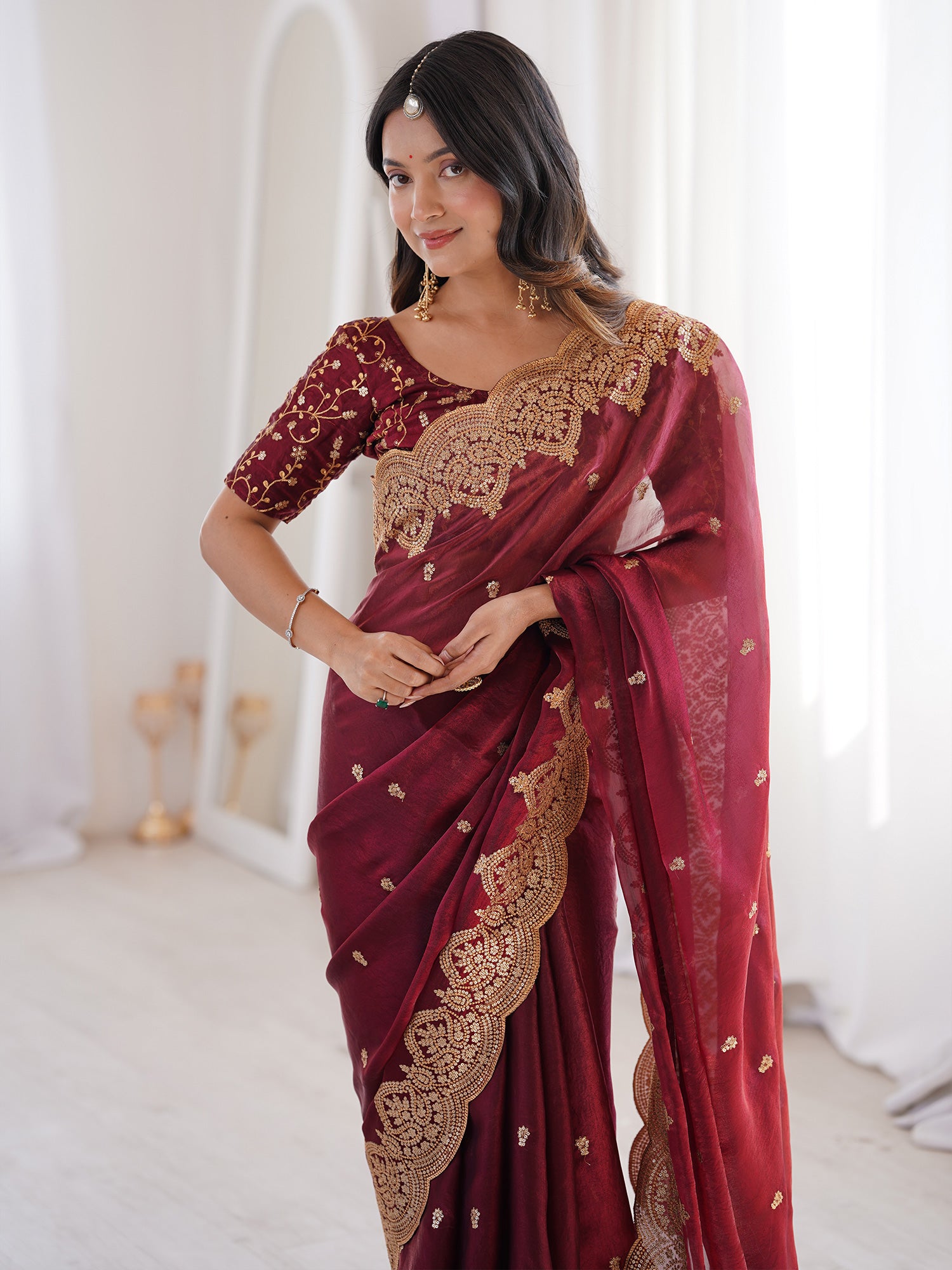 Women's Satin Maroon Embellished Designer Saree With Blouse Piece