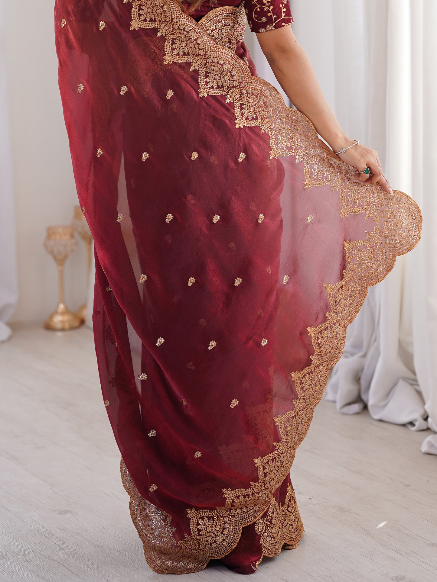 Women's Satin Maroon Embellished Designer Saree With Blouse Piece